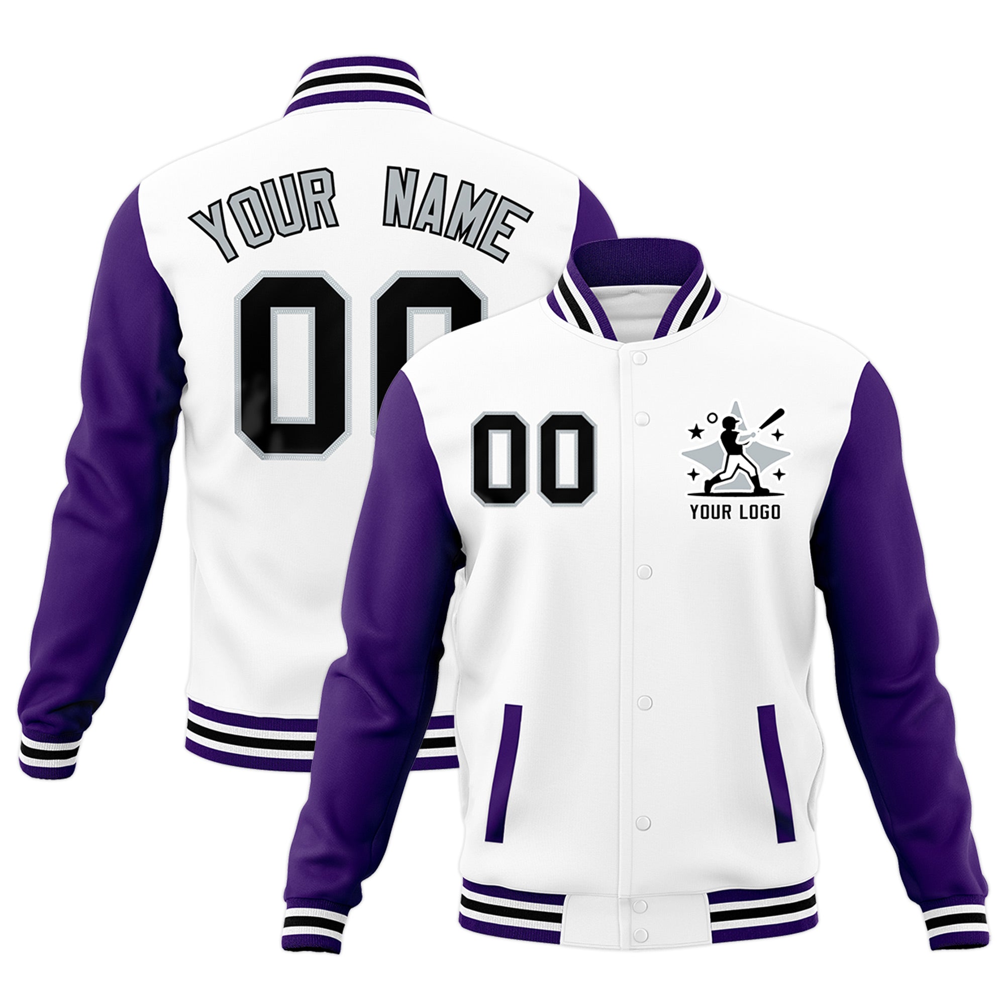 Custom White Purple Black Raglan Sleeves Full-Snap Letterman Jacket| KXKSHOP