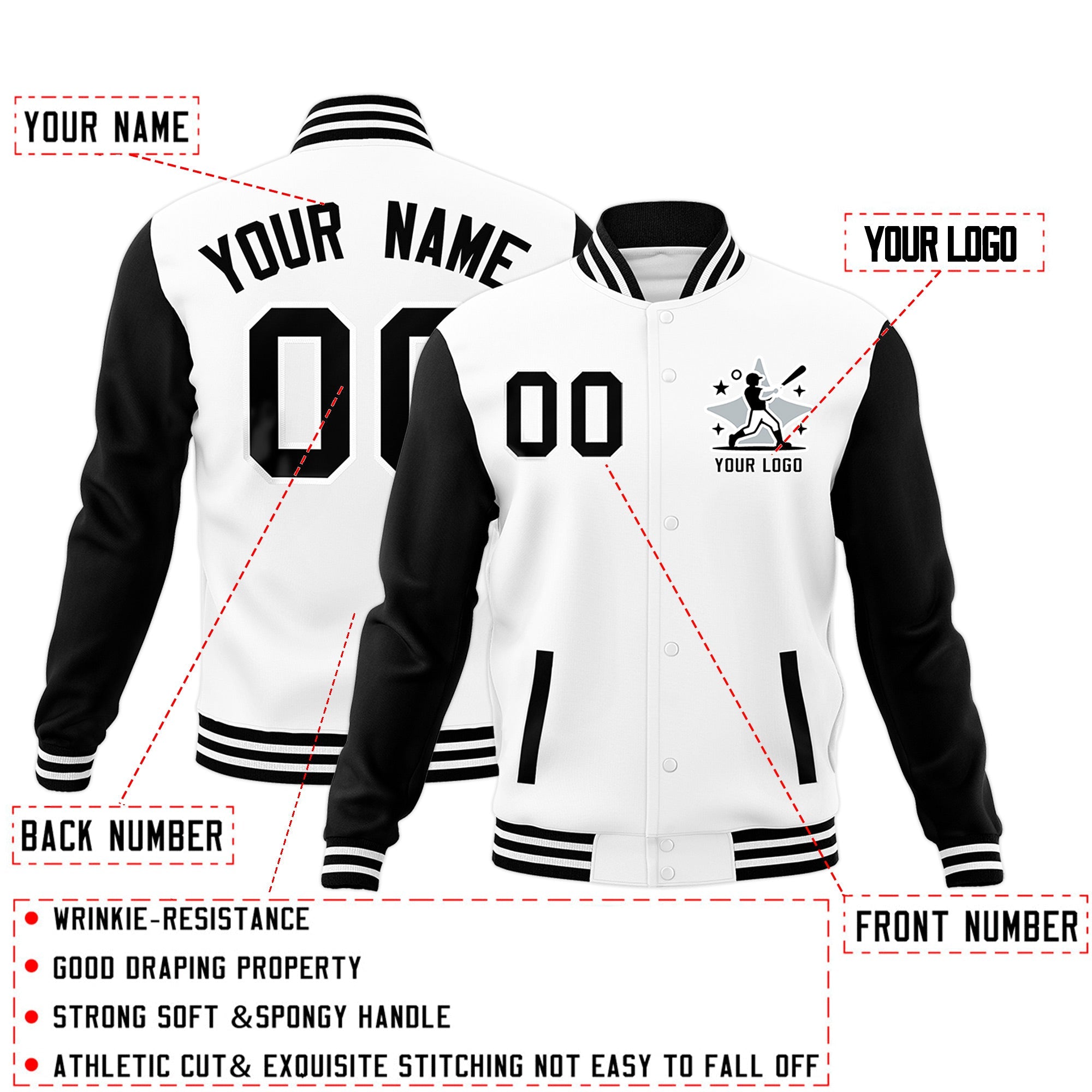 Custom White Black Raglan Sleeves Full-Snap Letterman Jacket| KXKSHOP
