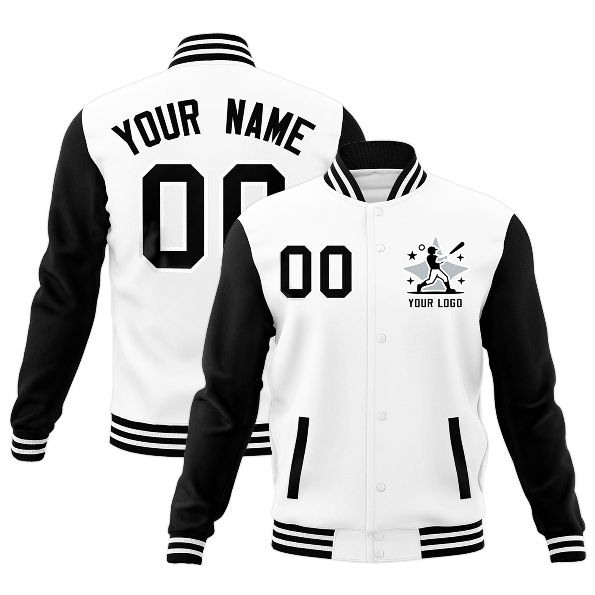 Custom White Black Raglan Sleeves Full-Snap Letterman Jacket| KXKSHOP