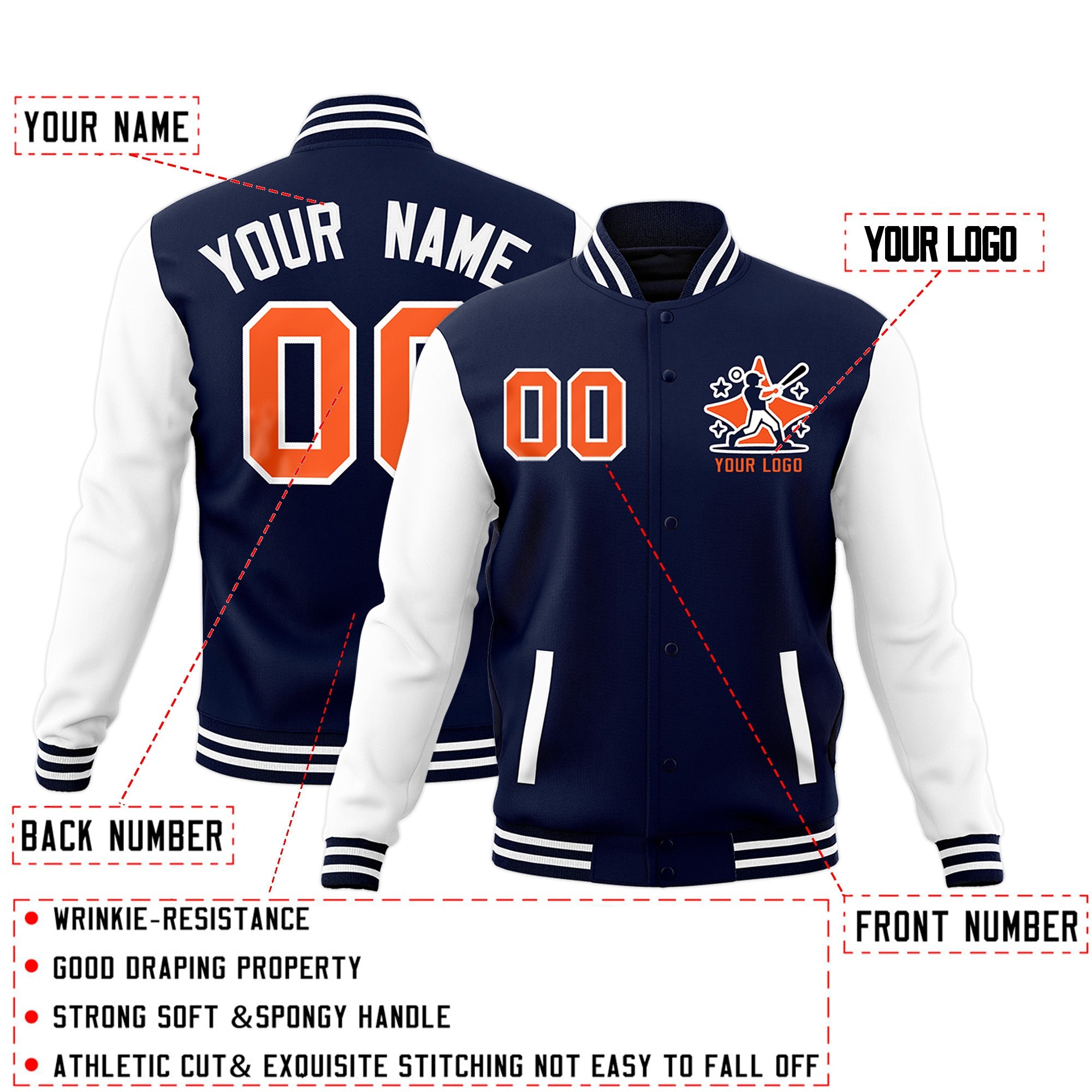 Custom Navy White Red Raglan Sleeves Full-Snap Letterman Jacket| KXKSHOP