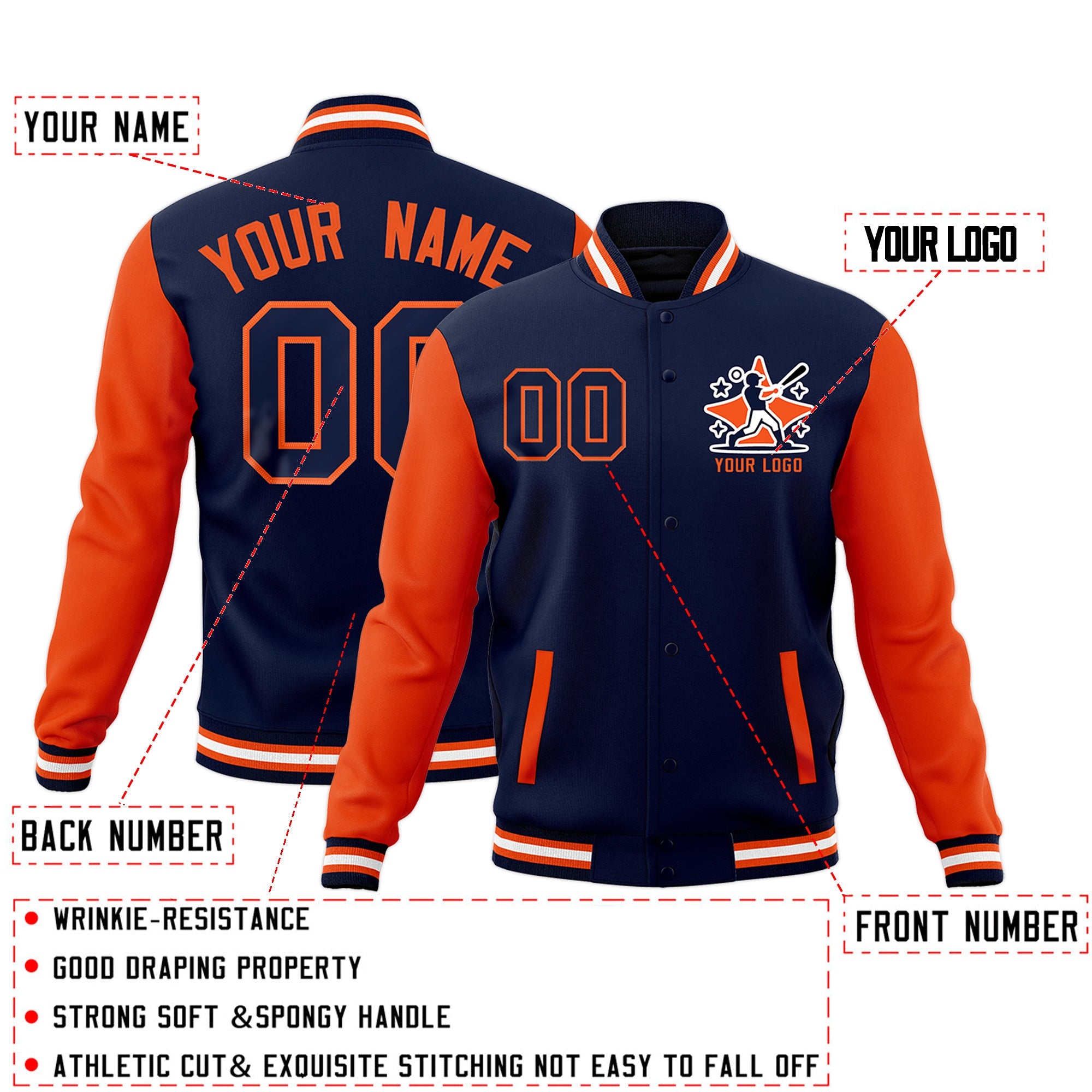 Custom Navy Orange White Raglan Sleeves Full-Snap Letterman Jacket| KXKSHOP