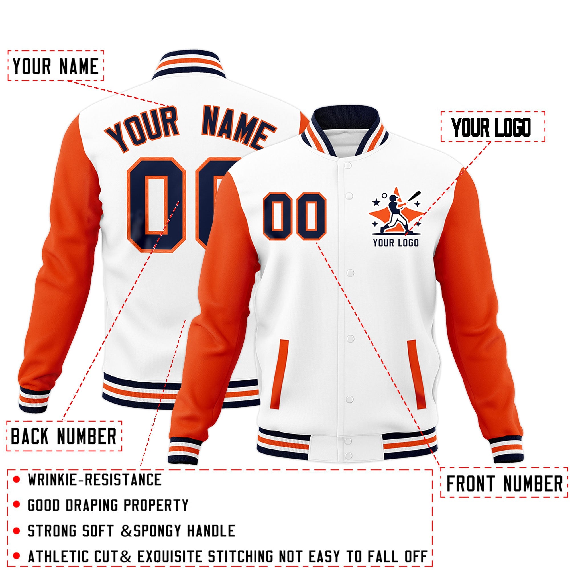 Custom White Orange Navy Raglan Sleeves Full-Snap Letterman Jacket| KXKSHOP