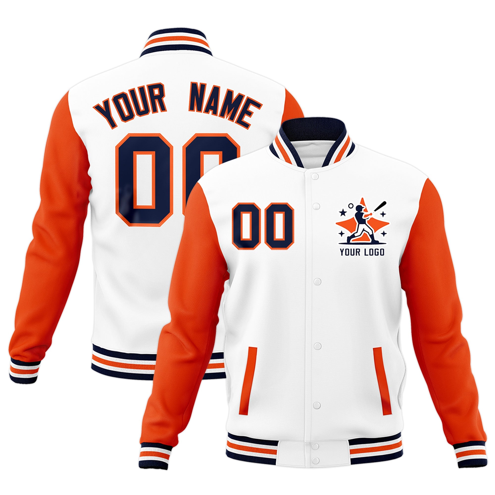 Custom White Orange Navy Raglan Sleeves Full-Snap Letterman Jacket| KXKSHOP
