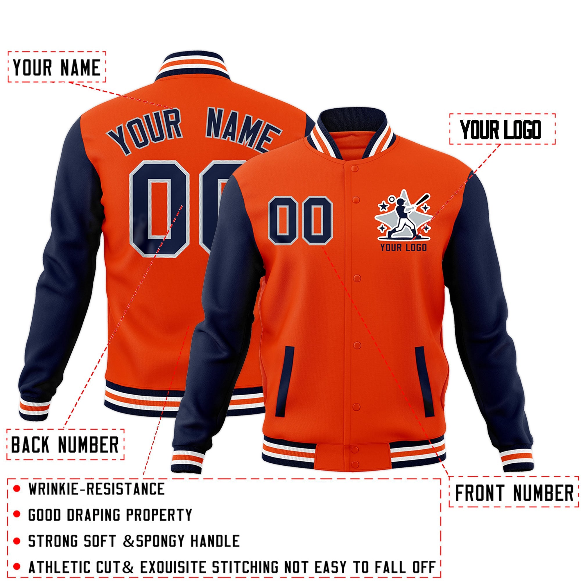 Custom Orange Navy White Raglan Sleeves Full-Snap Letterman Jacket| KXKSHOP