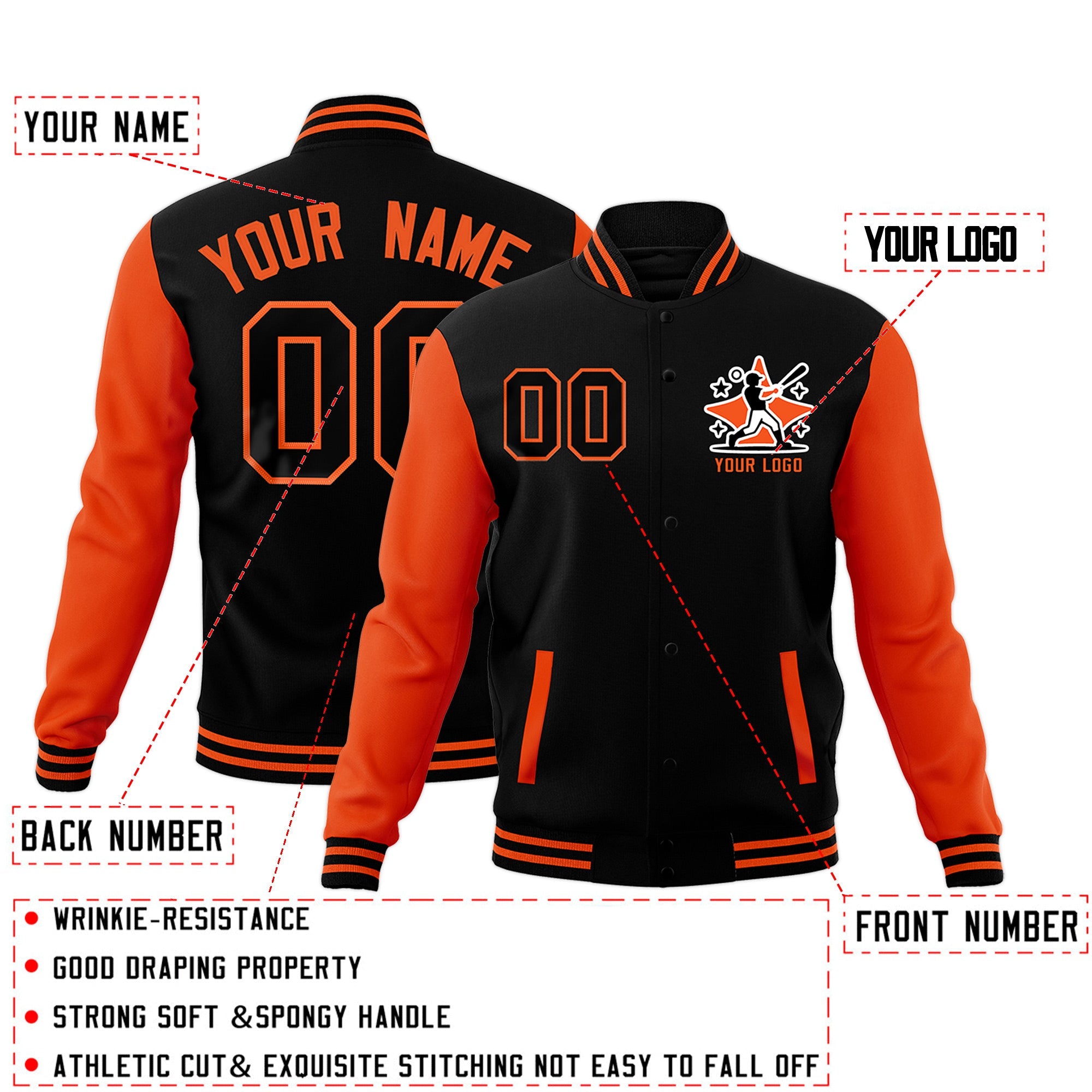 Custom Orange Black Raglan Sleeves Full-Snap Letterman Jacket| KXKSHOP
