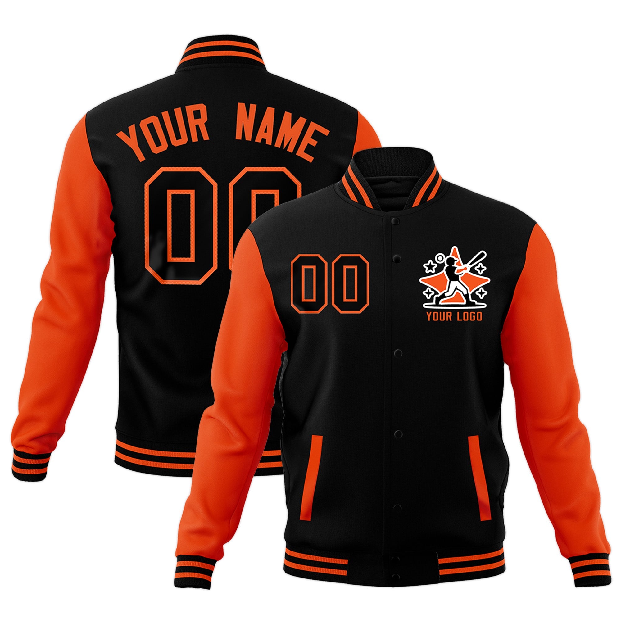 Custom Orange Black Raglan Sleeves Full-Snap Letterman Jacket| KXKSHOP