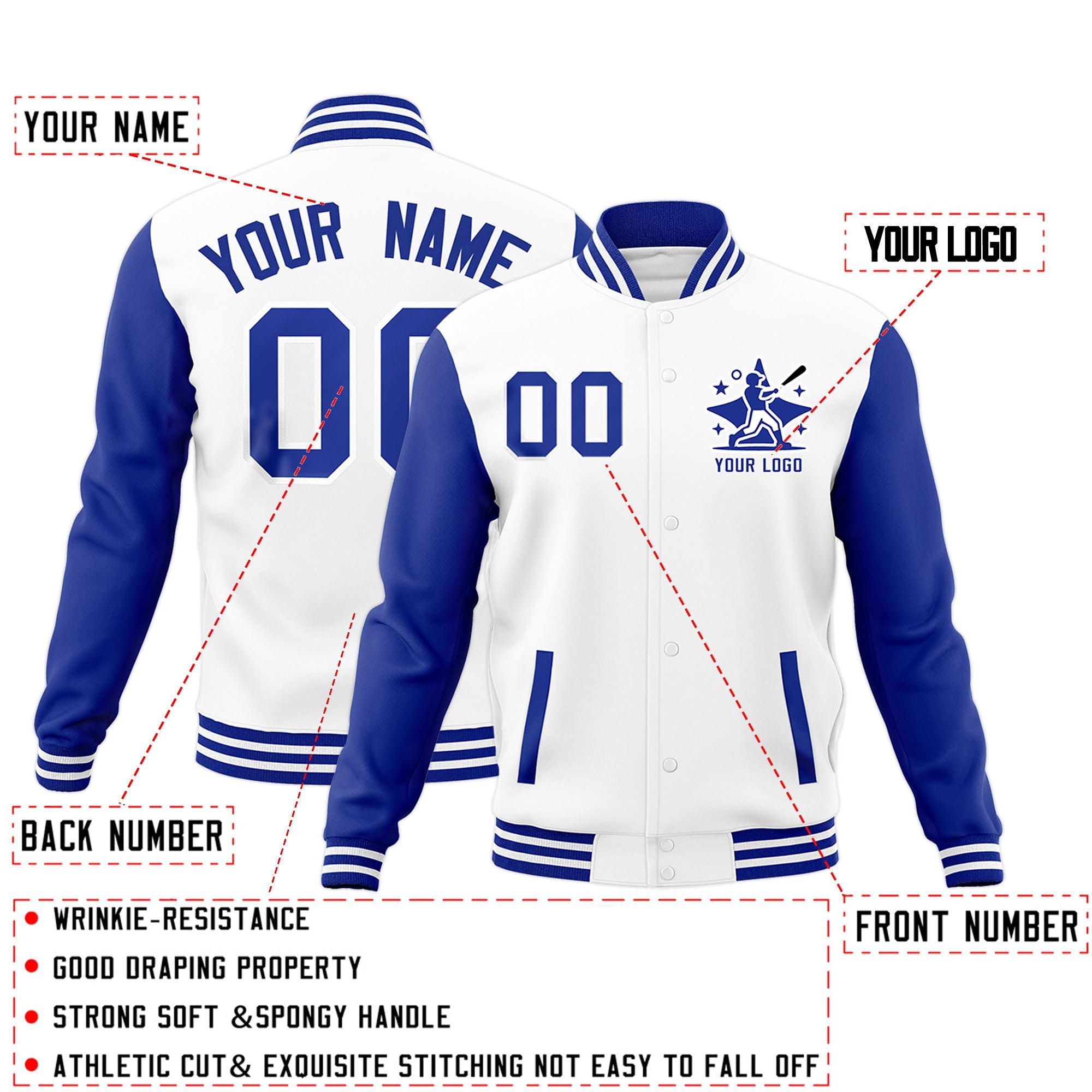Custom White Royal Blue Raglan Sleeves Full-Snap Letterman Jacket| KXKSHOP