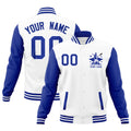 Custom White Royal Blue Raglan Sleeves Full-Snap Letterman Jacket| KXKSHOP