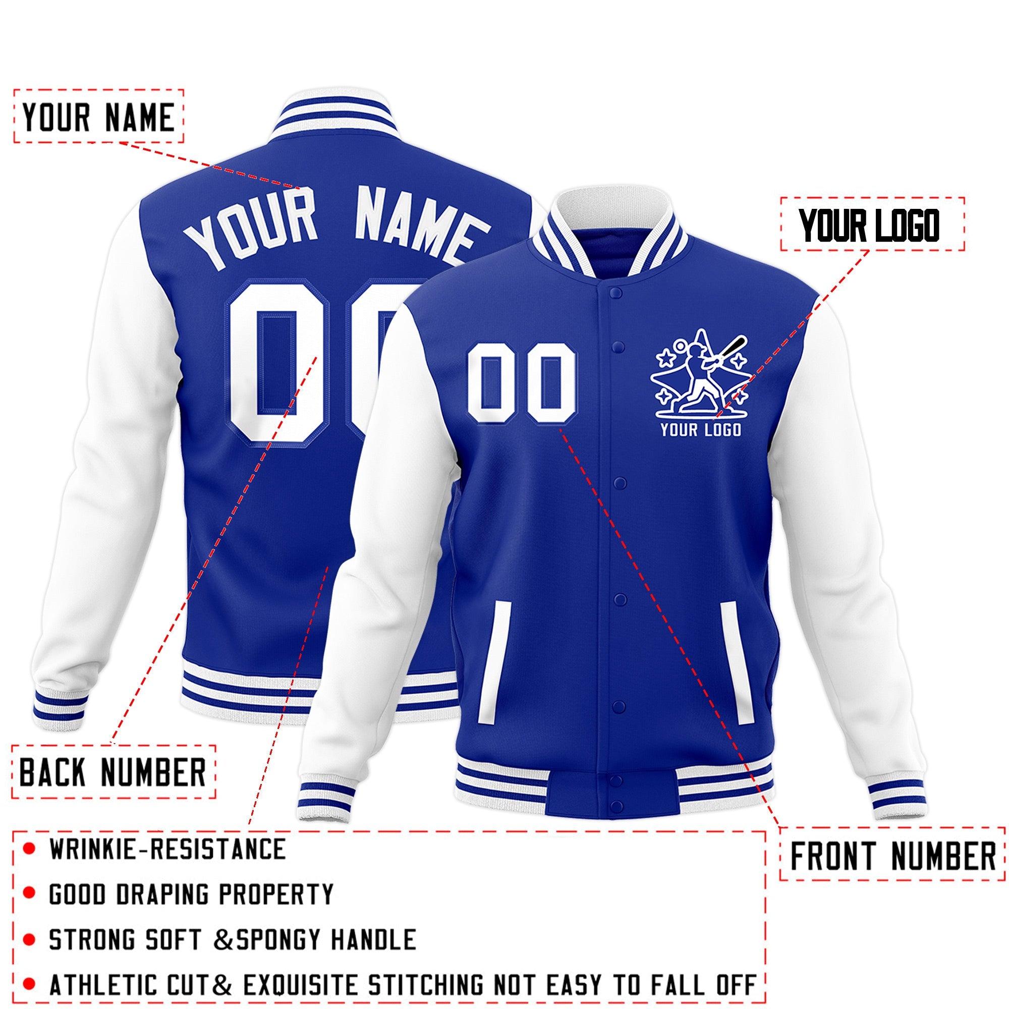 Custom Royal Blue White Raglan Sleeves Full-Snap Letterman Jacket| KXKSHOP