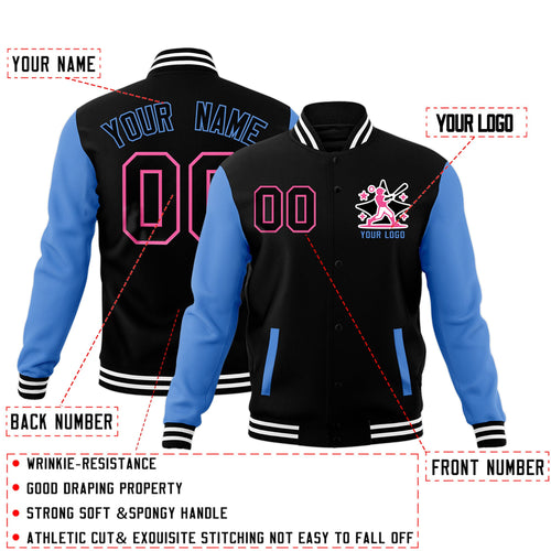 Custom Black Powder Blue White Raglan Sleeves Full-Snap Letterman Jacket| KXKSHOP