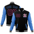 Custom Black Powder Blue White Raglan Sleeves Full-Snap Letterman Jacket| KXKSHOP