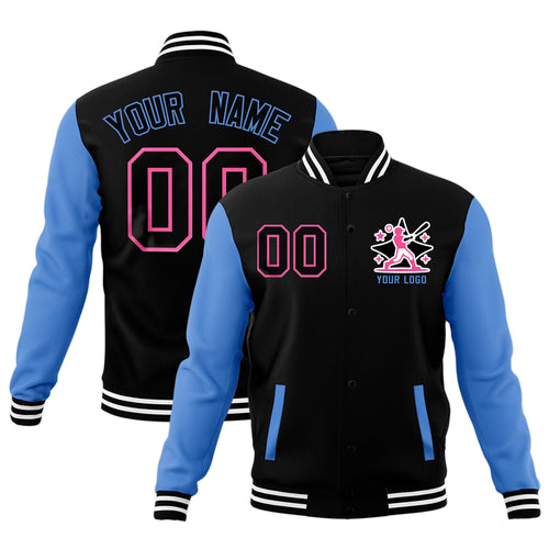 Custom Black Powder Blue White Raglan Sleeves Full-Snap Letterman Jacket| KXKSHOP