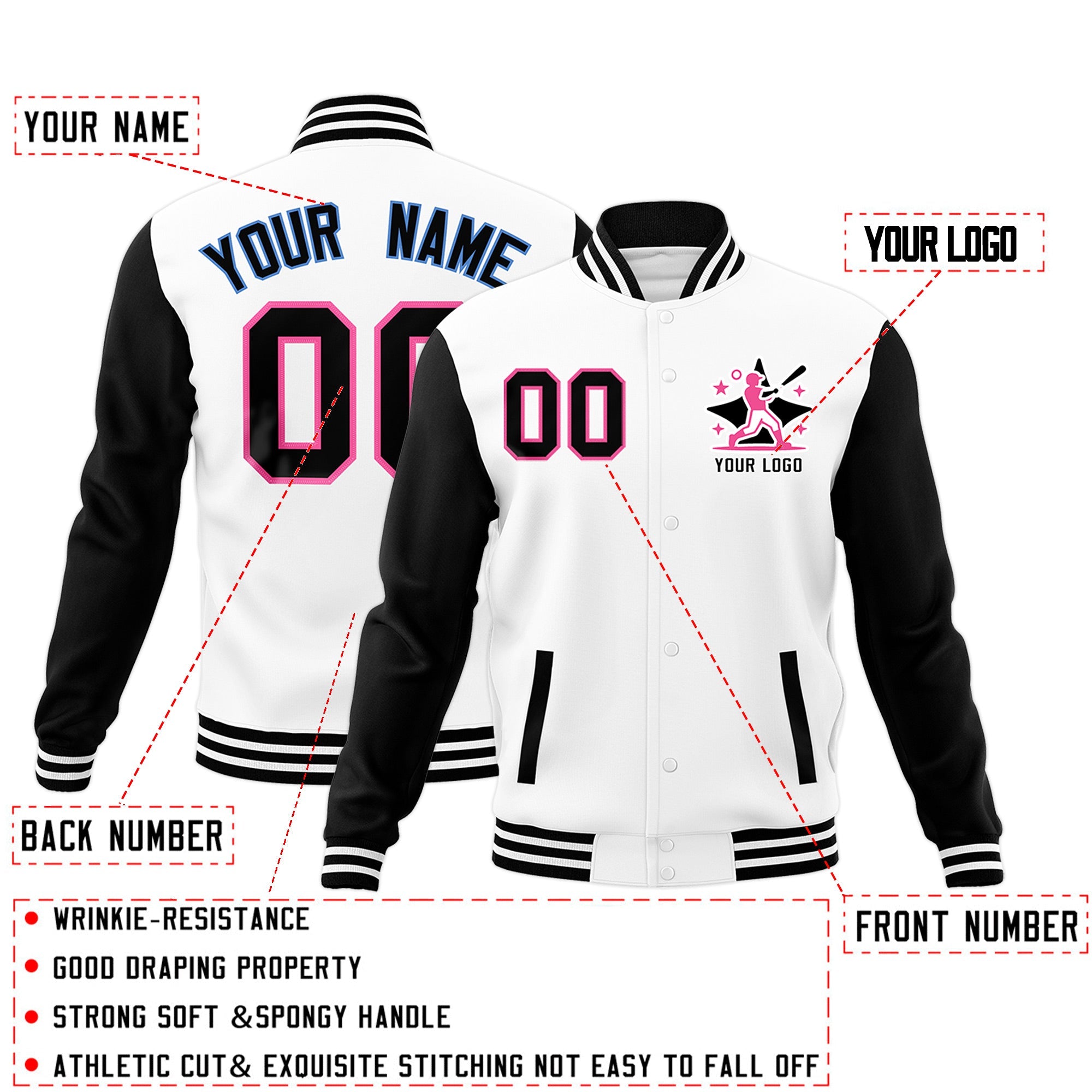 Custom White Black Pink Raglan Sleeves Full-Snap Letterman Jacket| KXKSHOP