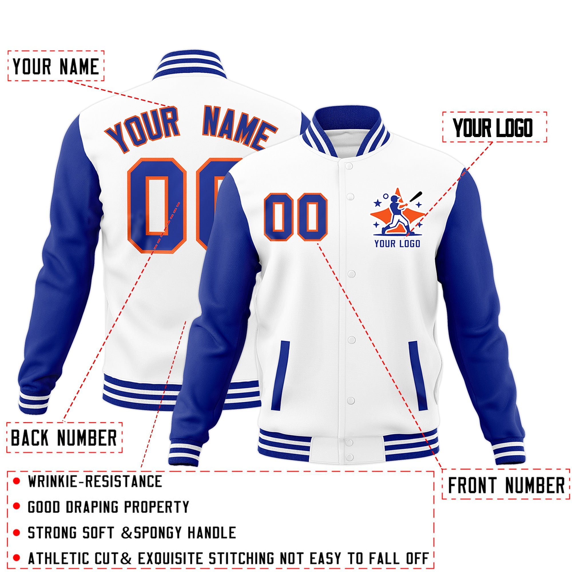 Custom White Royal Blue Orange Raglan Sleeves Full-Snap Letterman Jacket| KXKSHOP