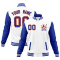 Custom White Royal Blue Orange Raglan Sleeves Full-Snap Letterman Jacket| KXKSHOP