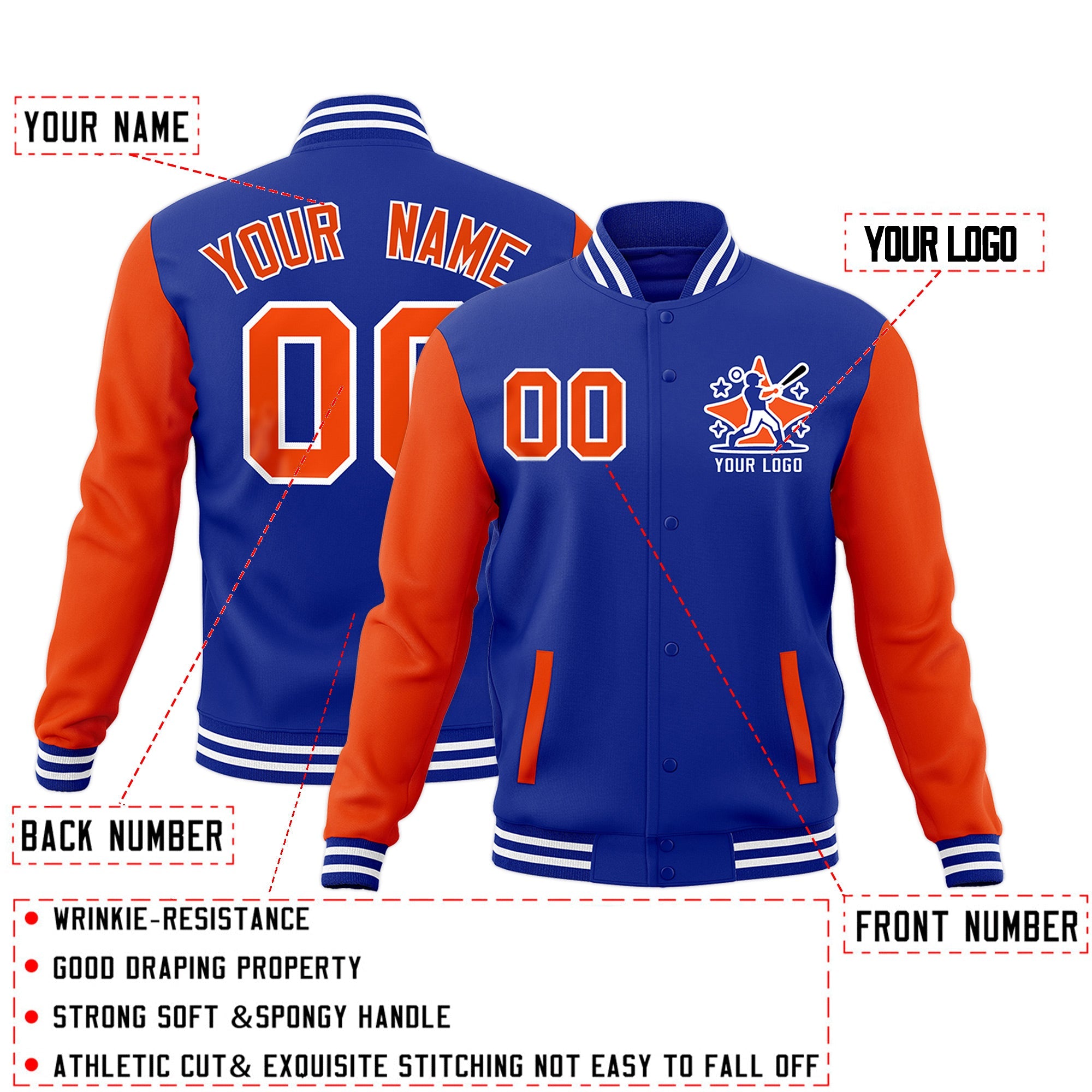 Custom Royal Blue Orange White Raglan Sleeves Full-Snap Letterman Jacket| KXKSHOP