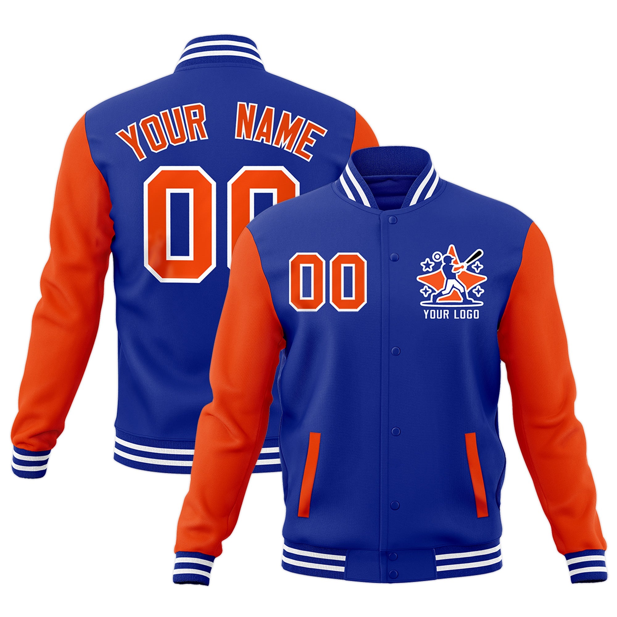 Custom Royal Blue Orange White Raglan Sleeves Full-Snap Letterman Jacket| KXKSHOP