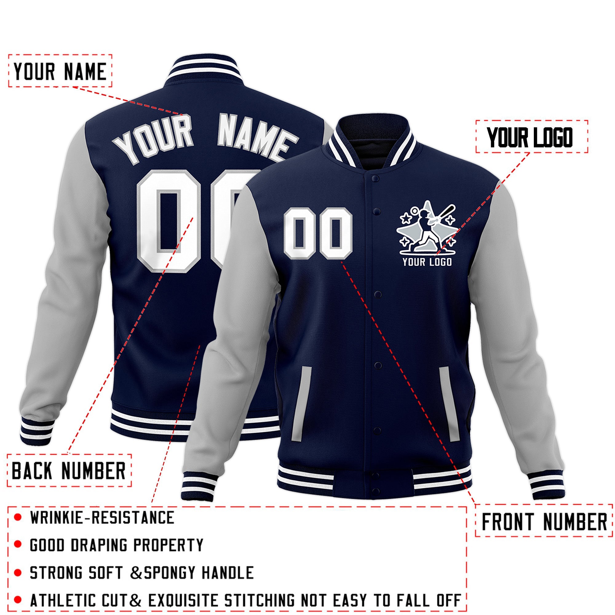 Custom Navy Gray White Raglan Sleeves Full-Snap Letterman Jacket| KXKSHOP