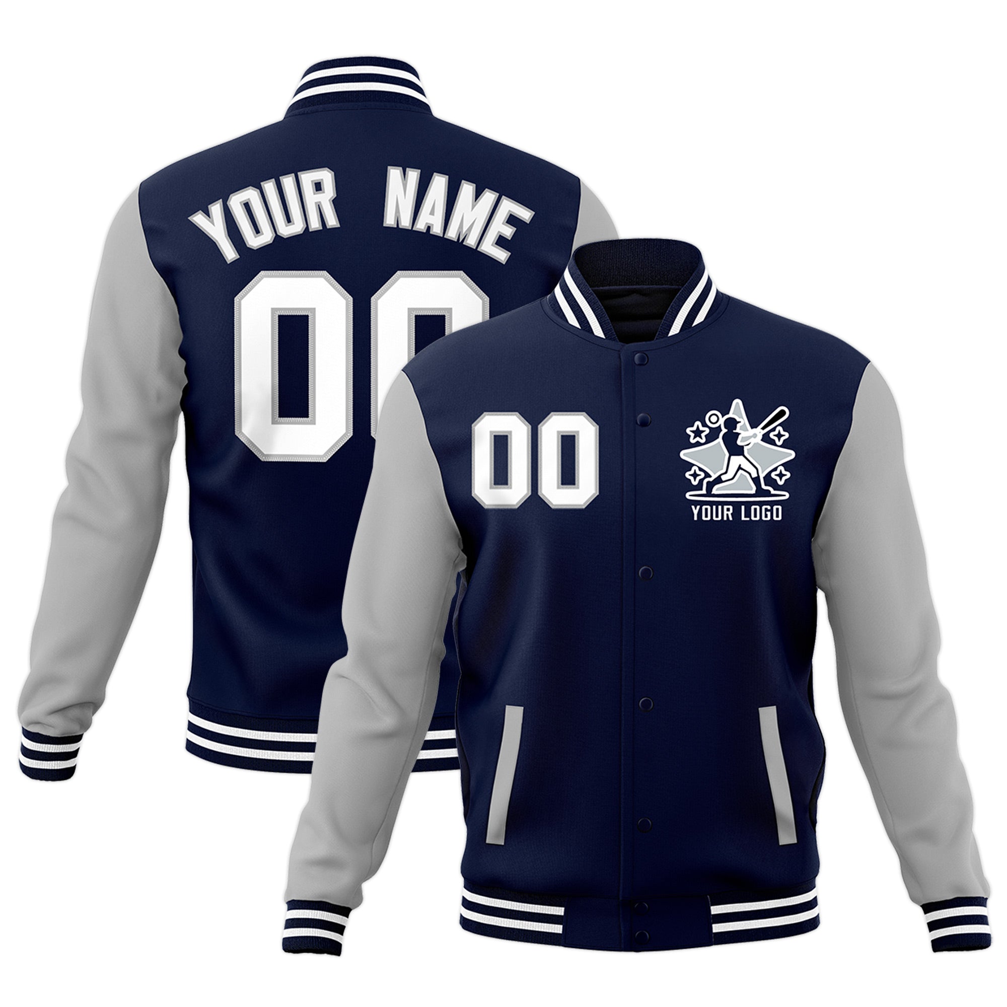 Custom Navy Gray White Raglan Sleeves Full-Snap Letterman Jacket| KXKSHOP