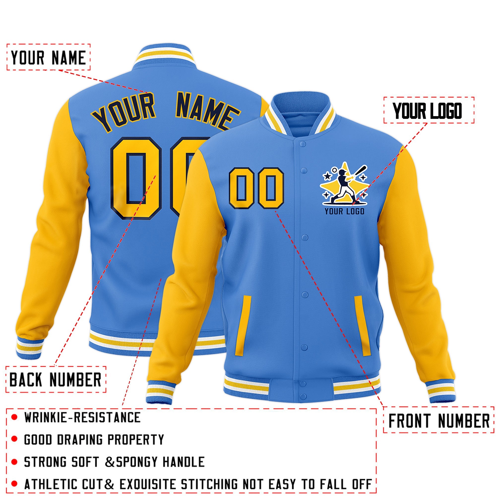 Custom Powder Blue Light Blue White Raglan Sleeves Full-Snap Letterman Jacket| KXKSHOP