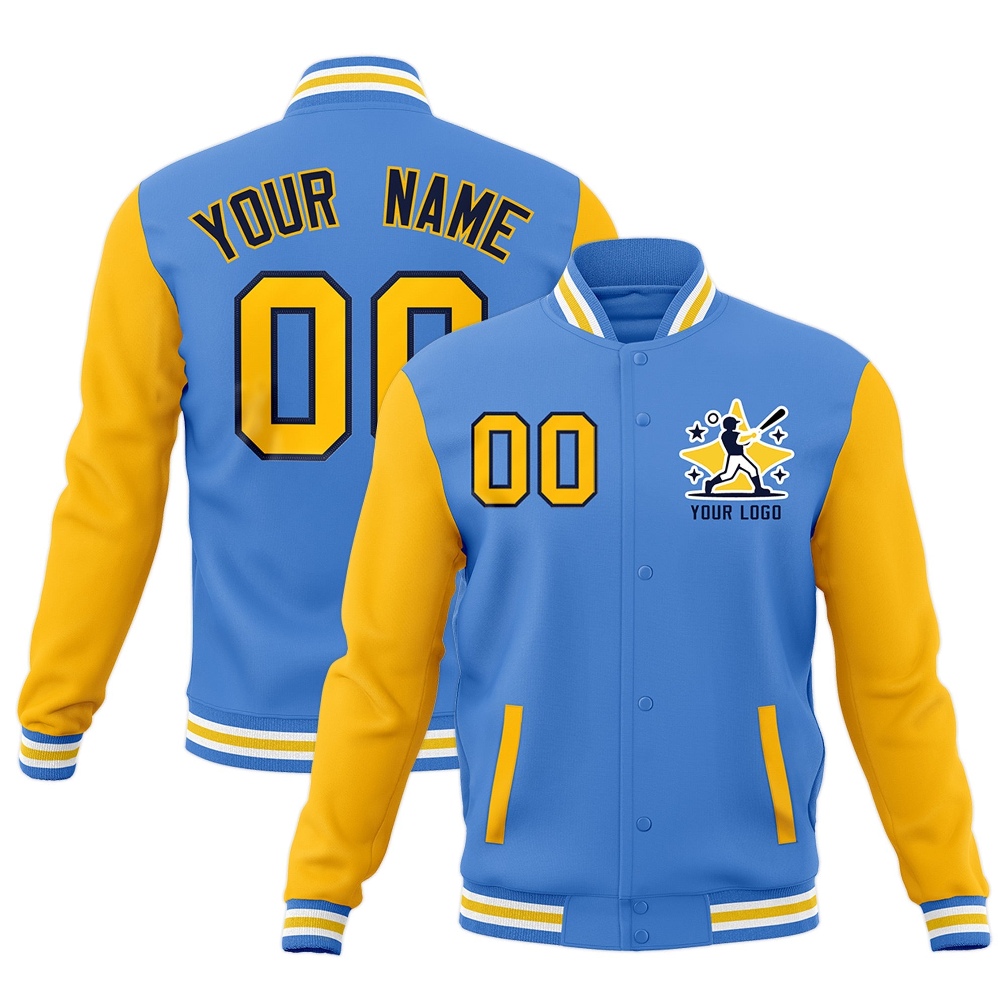 Custom Powder Blue Light Blue White Raglan Sleeves Full-Snap Letterman Jacket| KXKSHOP