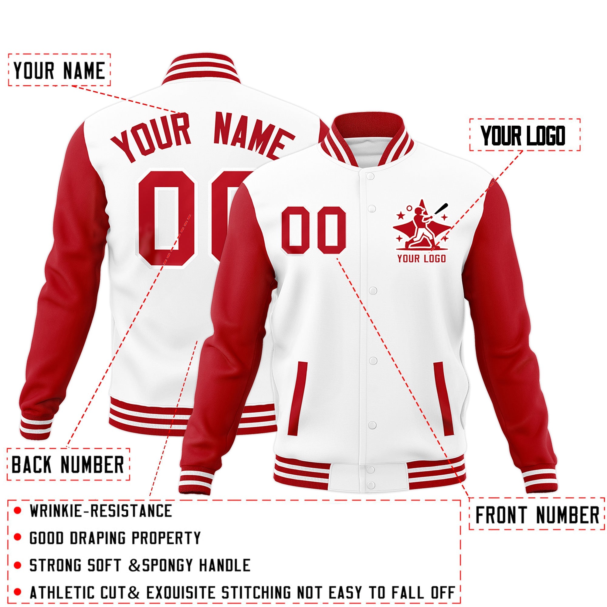 Custom Red White Raglan Sleeves Full-Snap Letterman Jacket| KXKSHOP