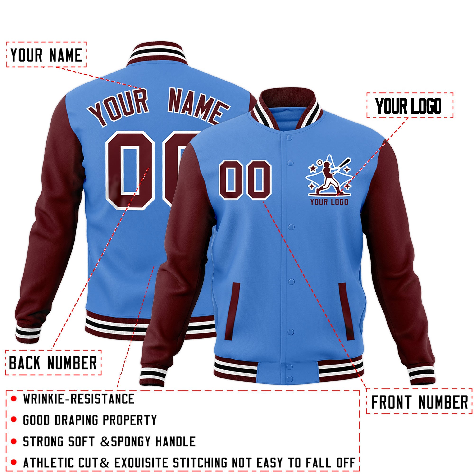 Custom Powder Blue Crimson White Raglan Sleeves Full-Snap Letterman Jacket| KXKSHOP