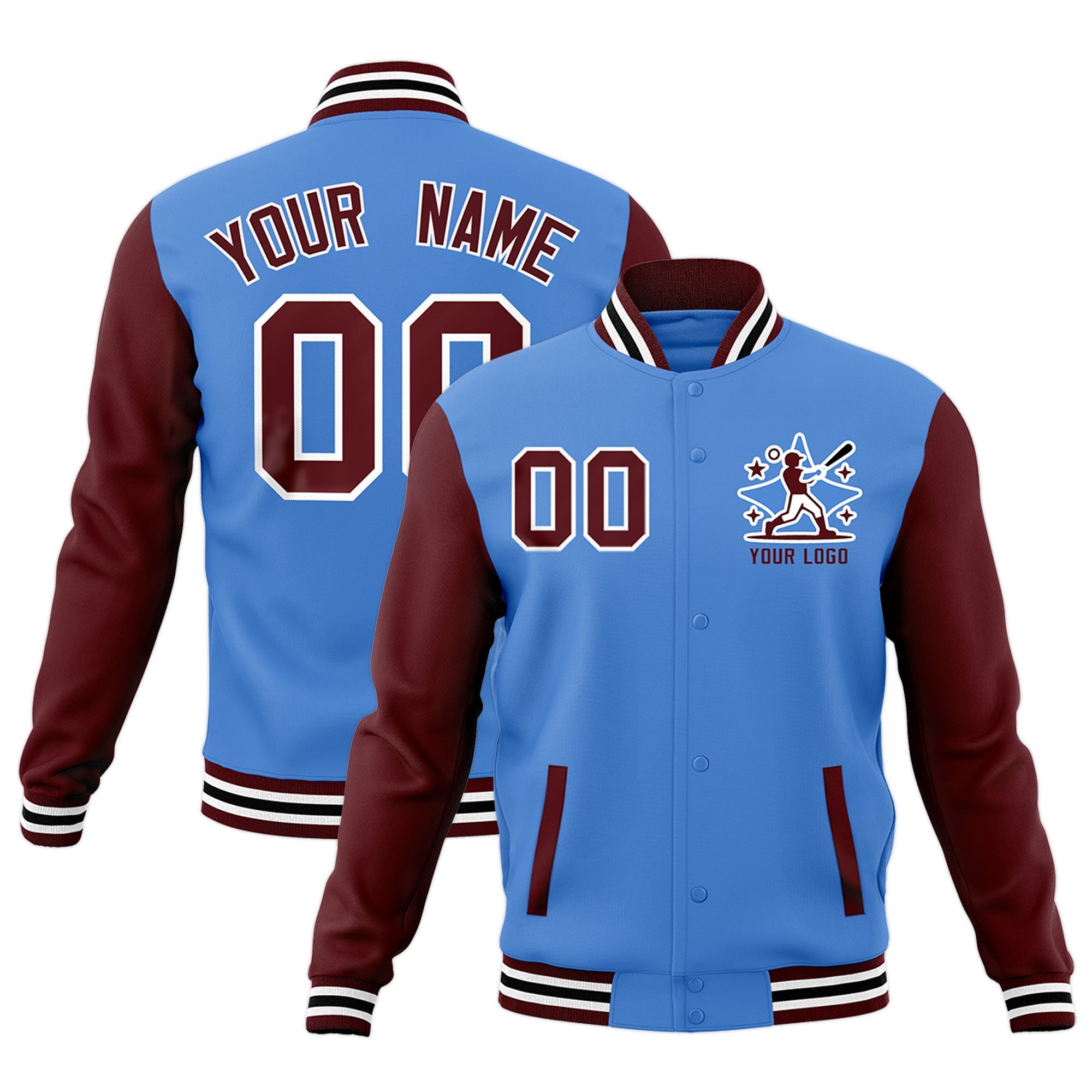 Custom Powder Blue Crimson White Raglan Sleeves Full-Snap Letterman Jacket| KXKSHOP