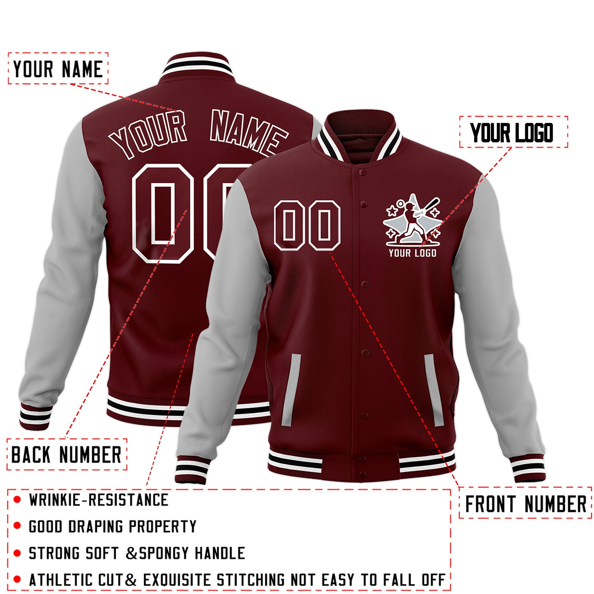 Custom Crimson Gray White Raglan Sleeves Full-Snap Letterman Jacket| KXKSHOP