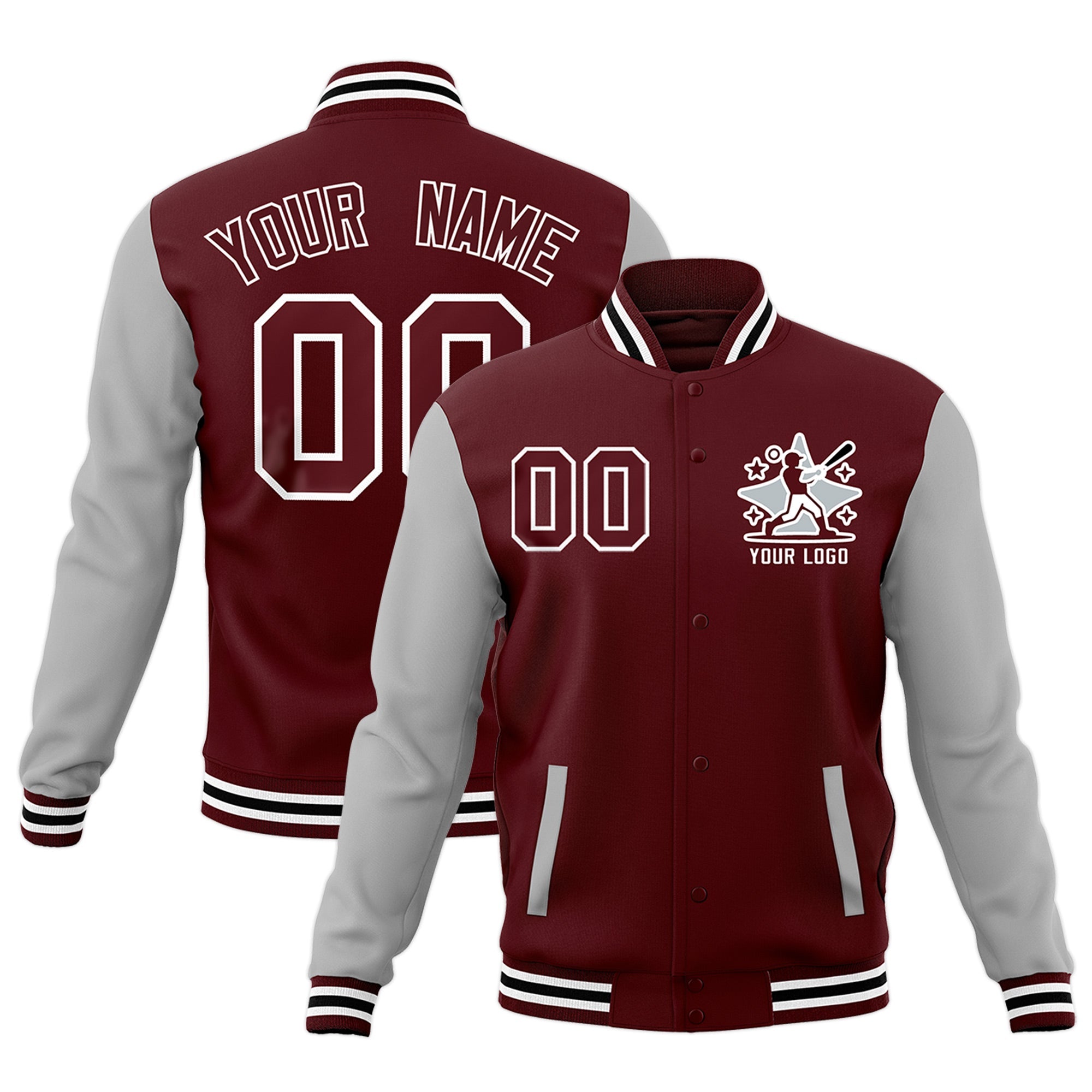 Custom Crimson Gray White Raglan Sleeves Full-Snap Letterman Jacket| KXKSHOP