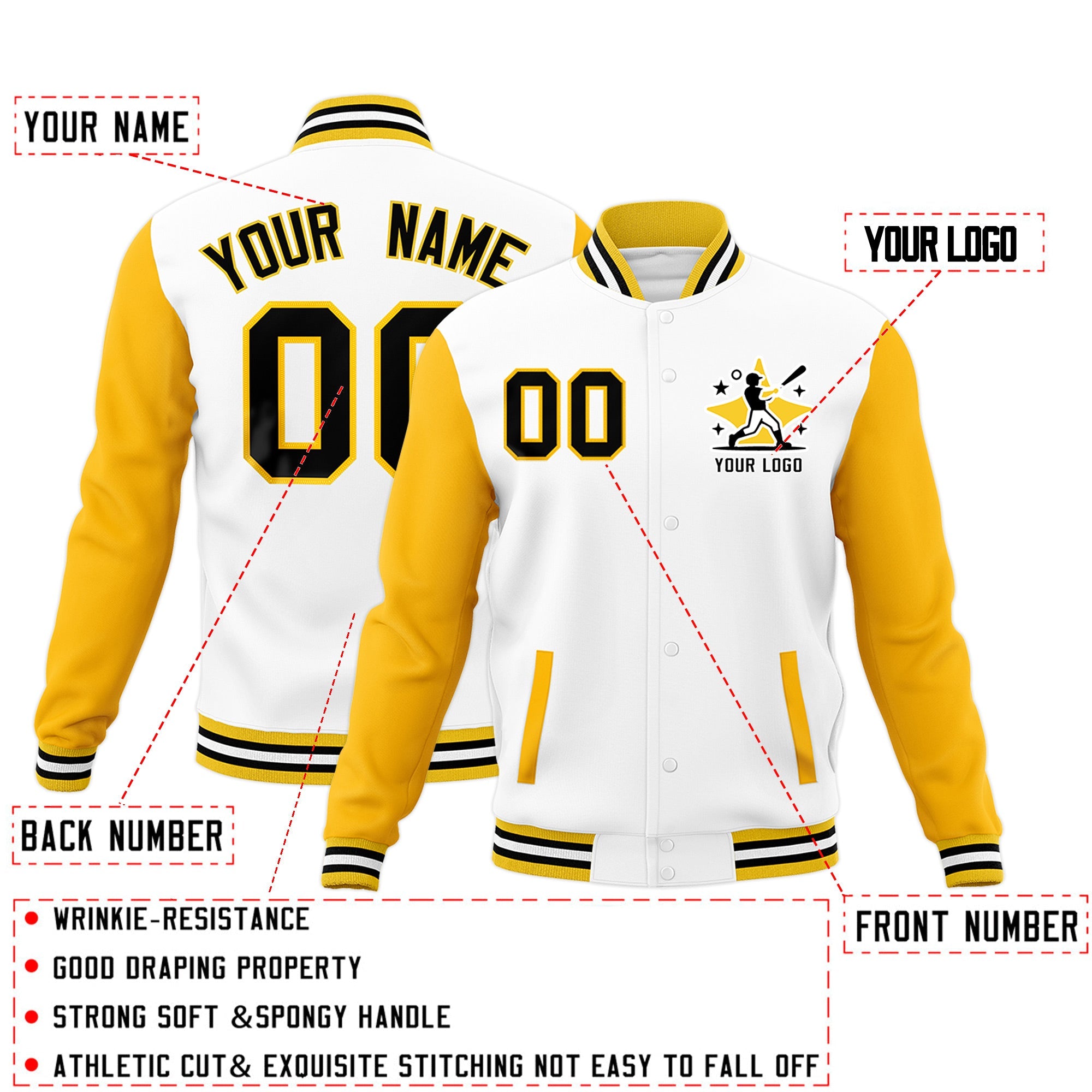 Custom White Gold Black Raglan Sleeves Full-Snap Letterman Jacket| KXKSHOP