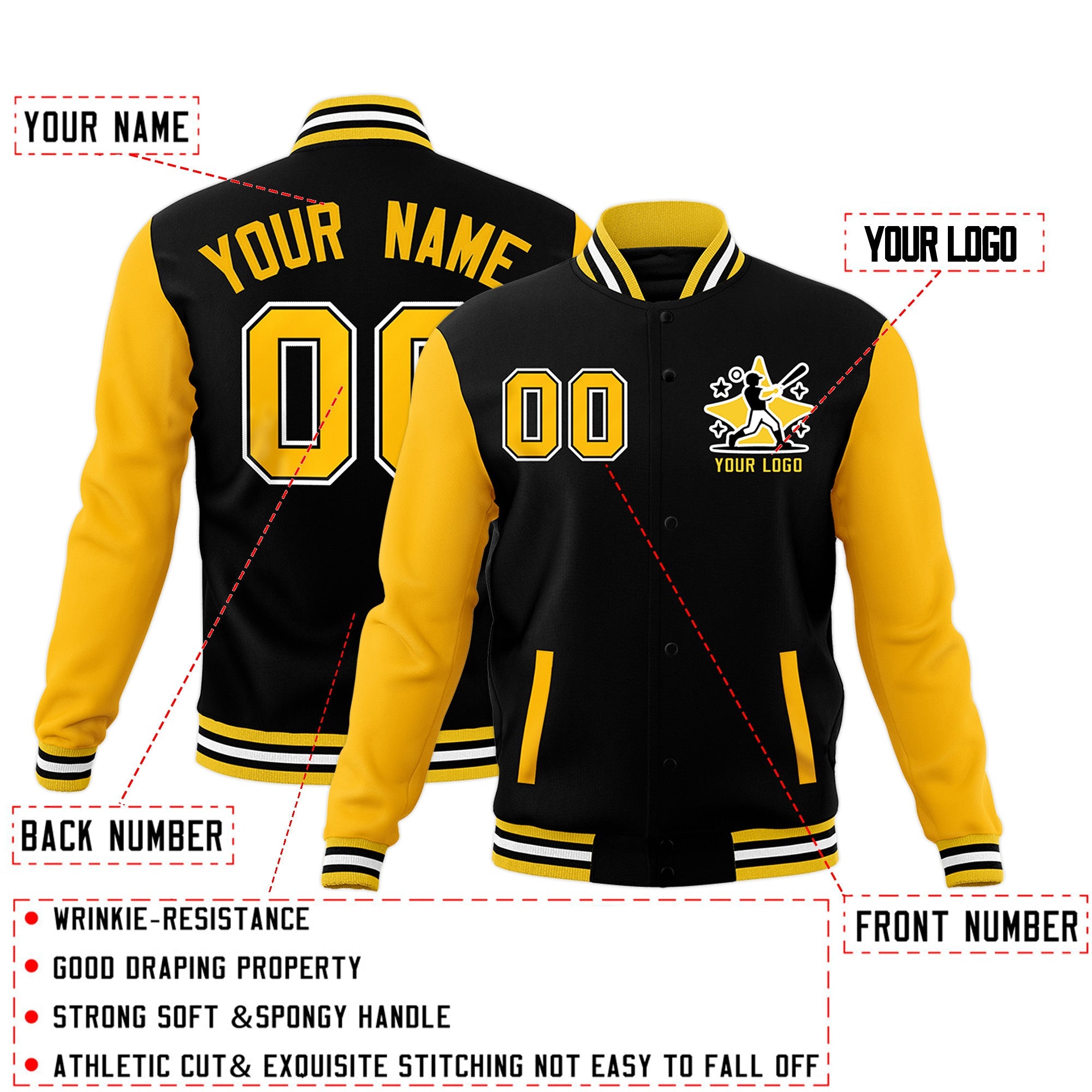 Custom Black Gold White Raglan Sleeves Full-Snap Letterman Jacket| KXKSHOP