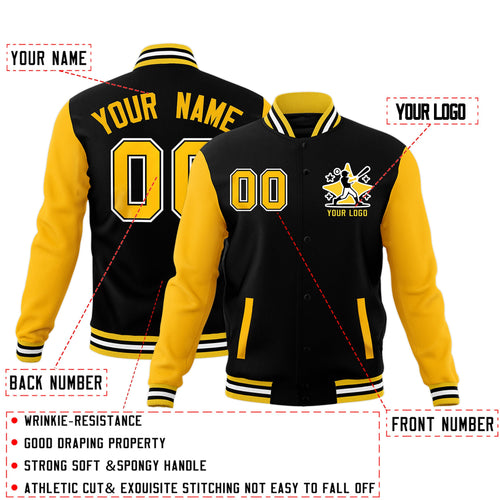 Custom Black Gold White Raglan Sleeves Full-Snap Letterman Jacket| KXKSHOP