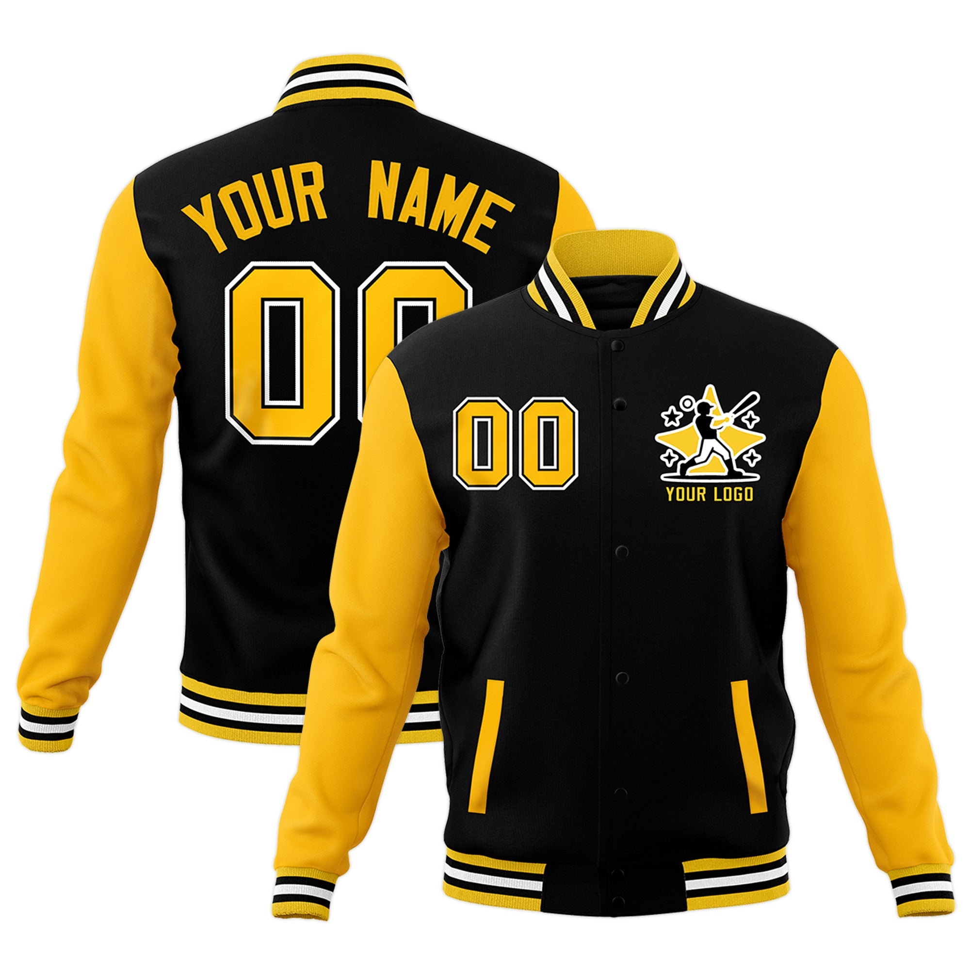 Custom Black Gold White Raglan Sleeves Full-Snap Letterman Jacket| KXKSHOP