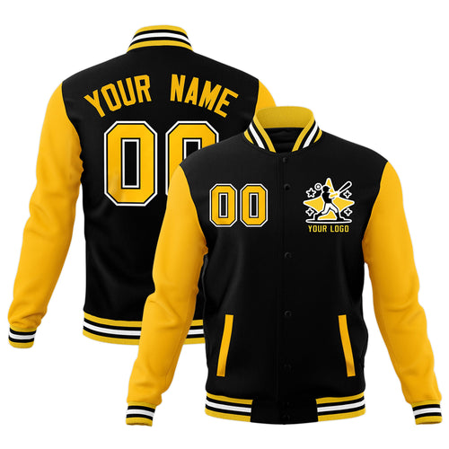 Custom Black Gold White Raglan Sleeves Full-Snap Letterman Jacket| KXKSHOP