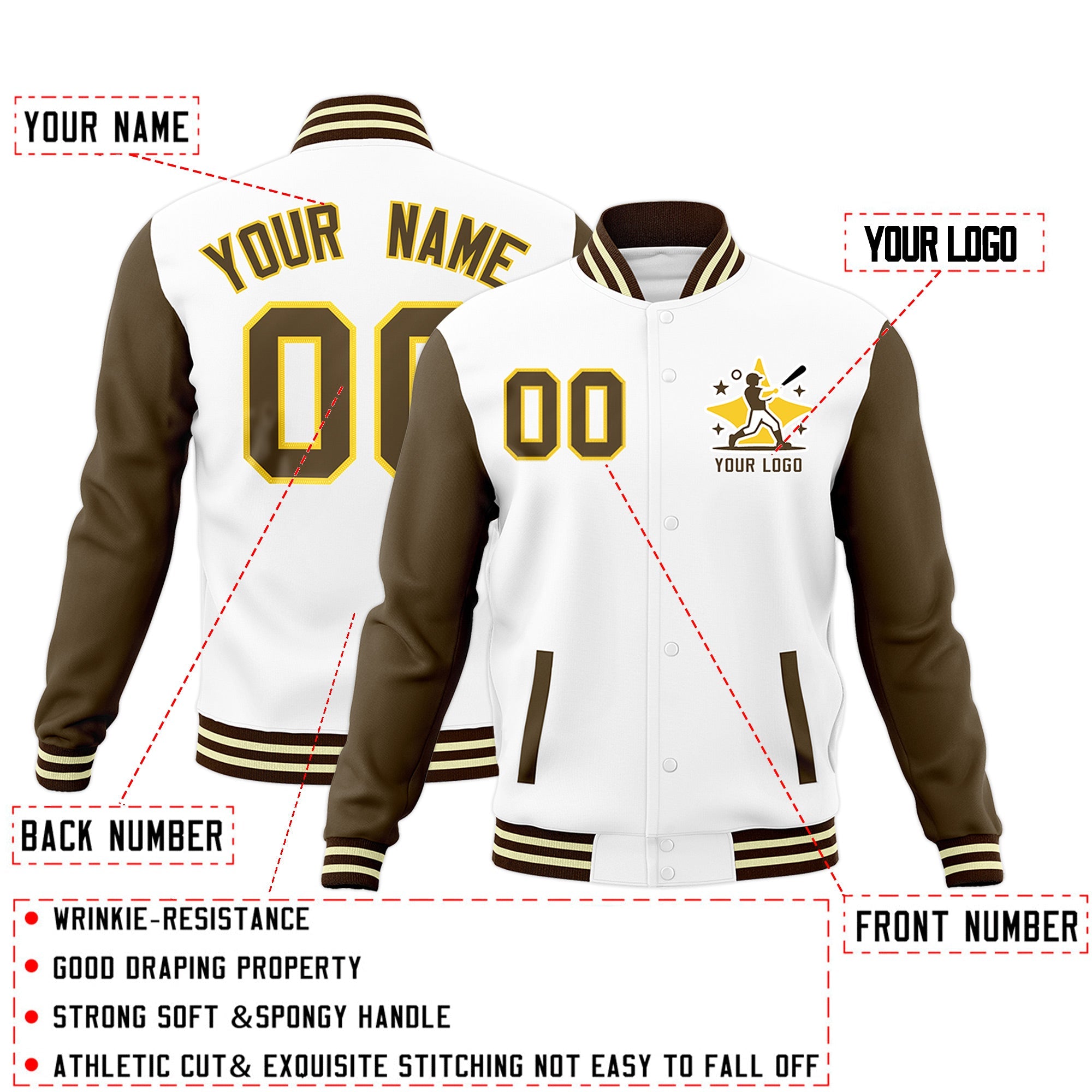 Custom White Light Brown Brown Raglan Sleeves Full-Snap Letterman Jacket| KXKSHOP