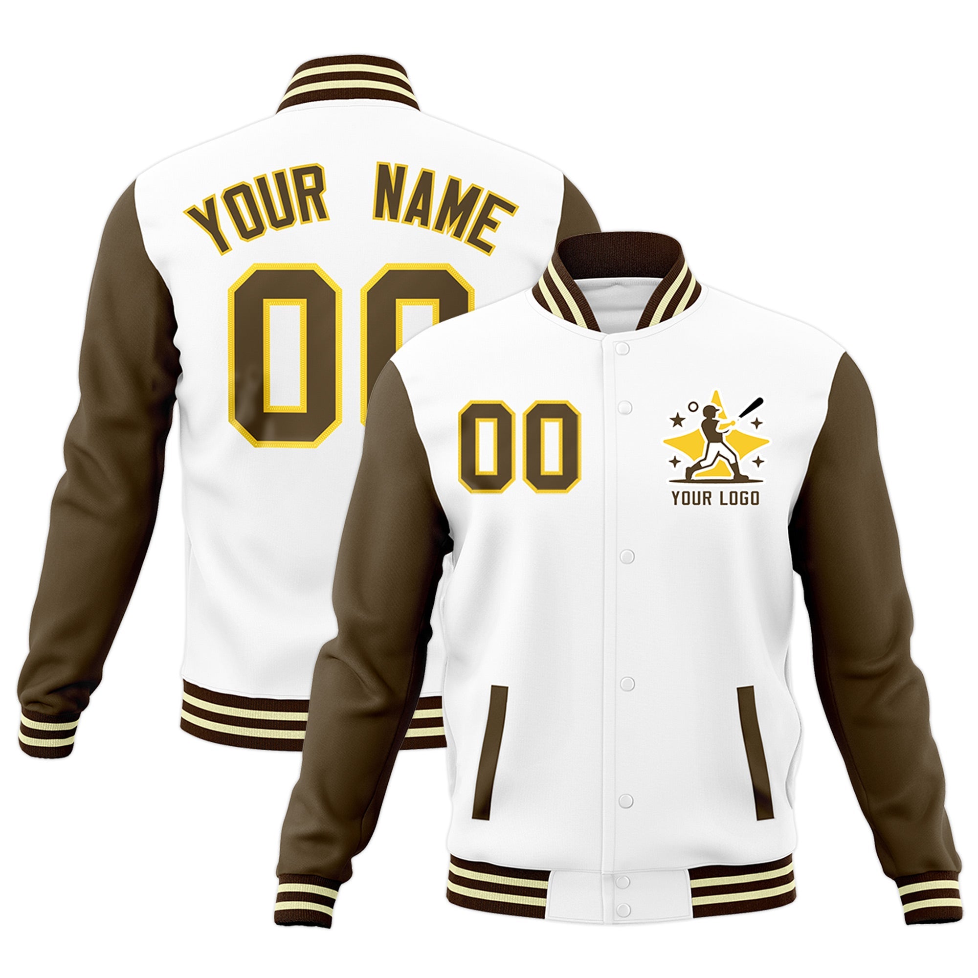 Custom White Light Brown Brown Raglan Sleeves Full-Snap Letterman Jacket| KXKSHOP