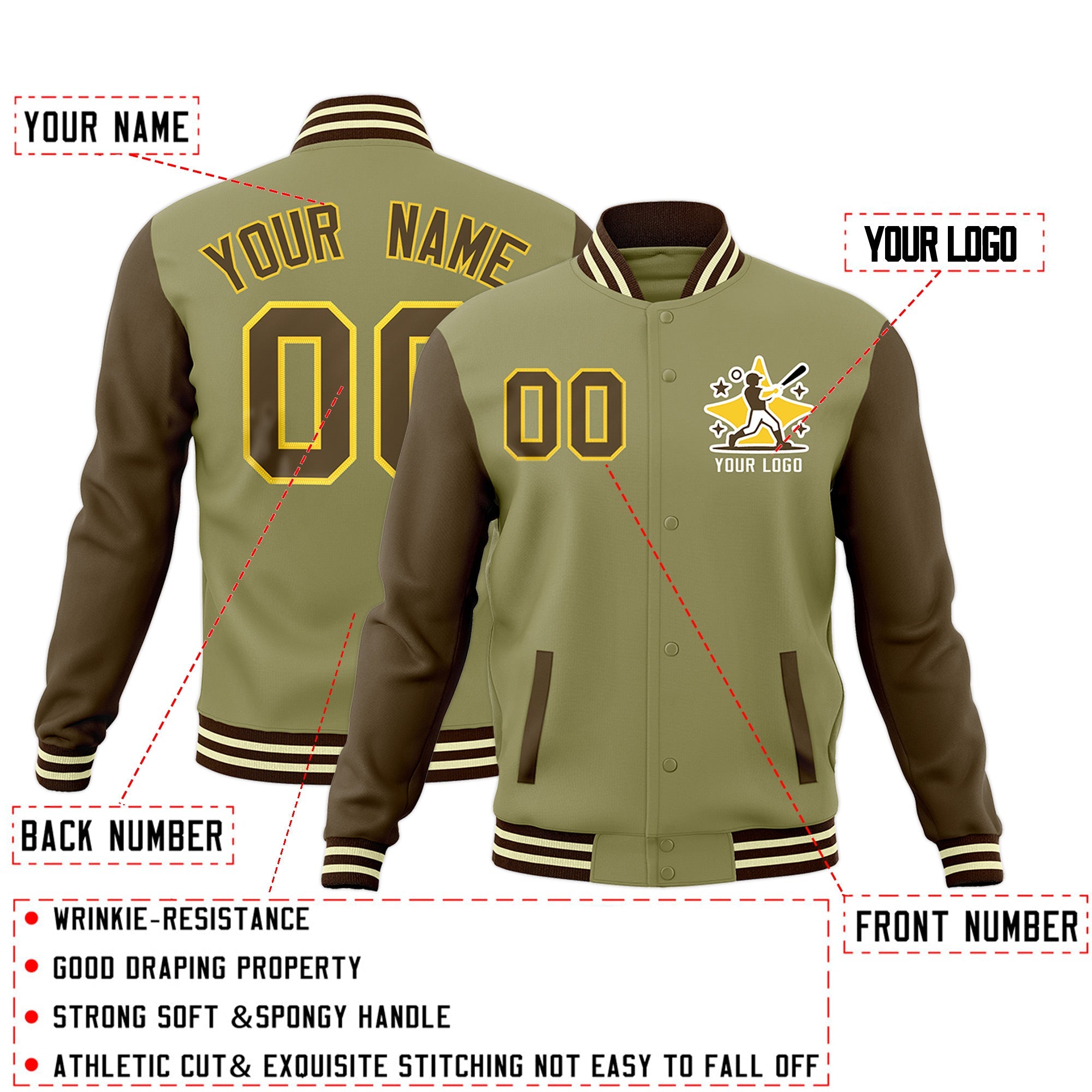 Custom Khaki Light Brown Cream Raglan Sleeves Full-Snap Letterman Jacket| KXKSHOP