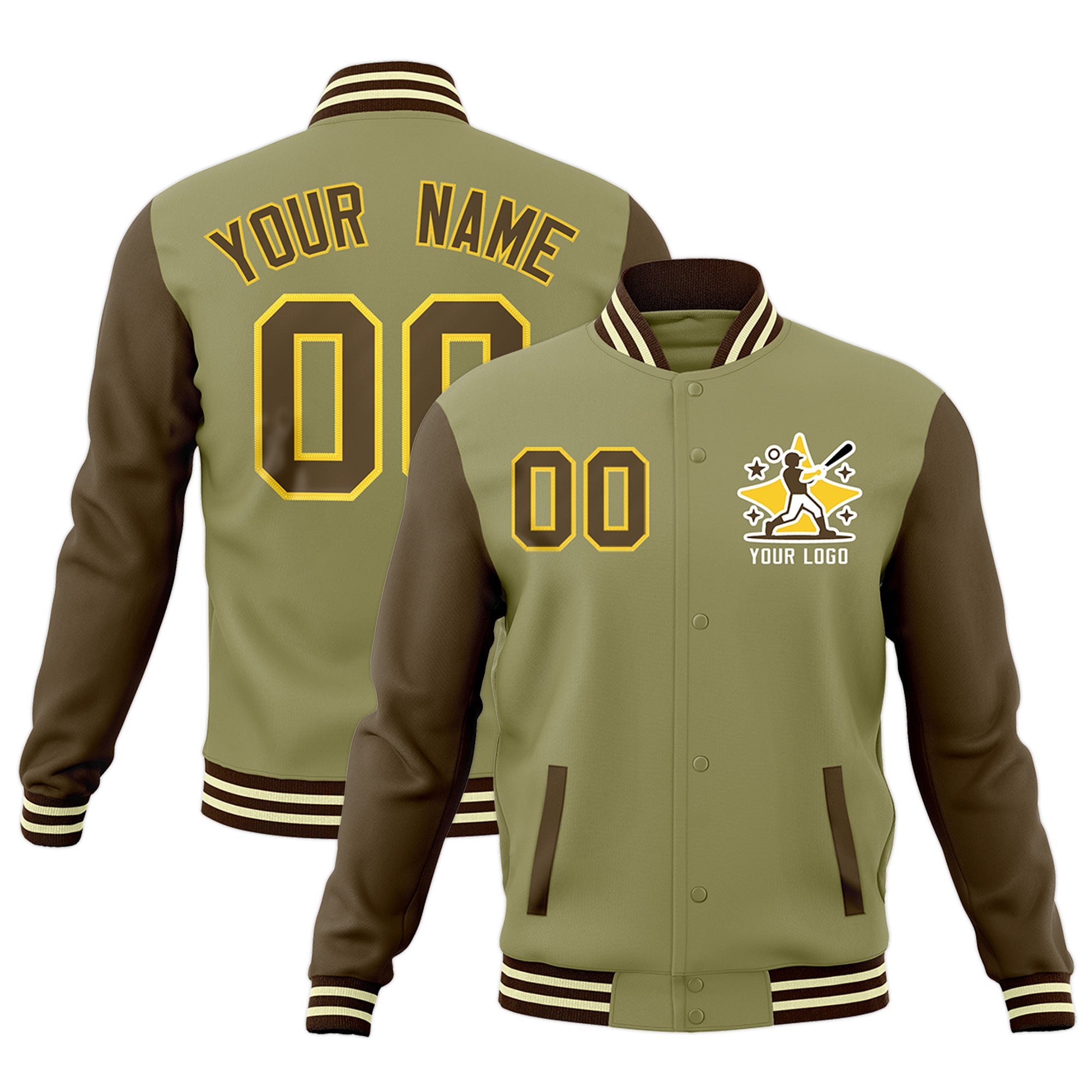 Custom Khaki Light Brown Cream Raglan Sleeves Full-Snap Letterman Jacket| KXKSHOP