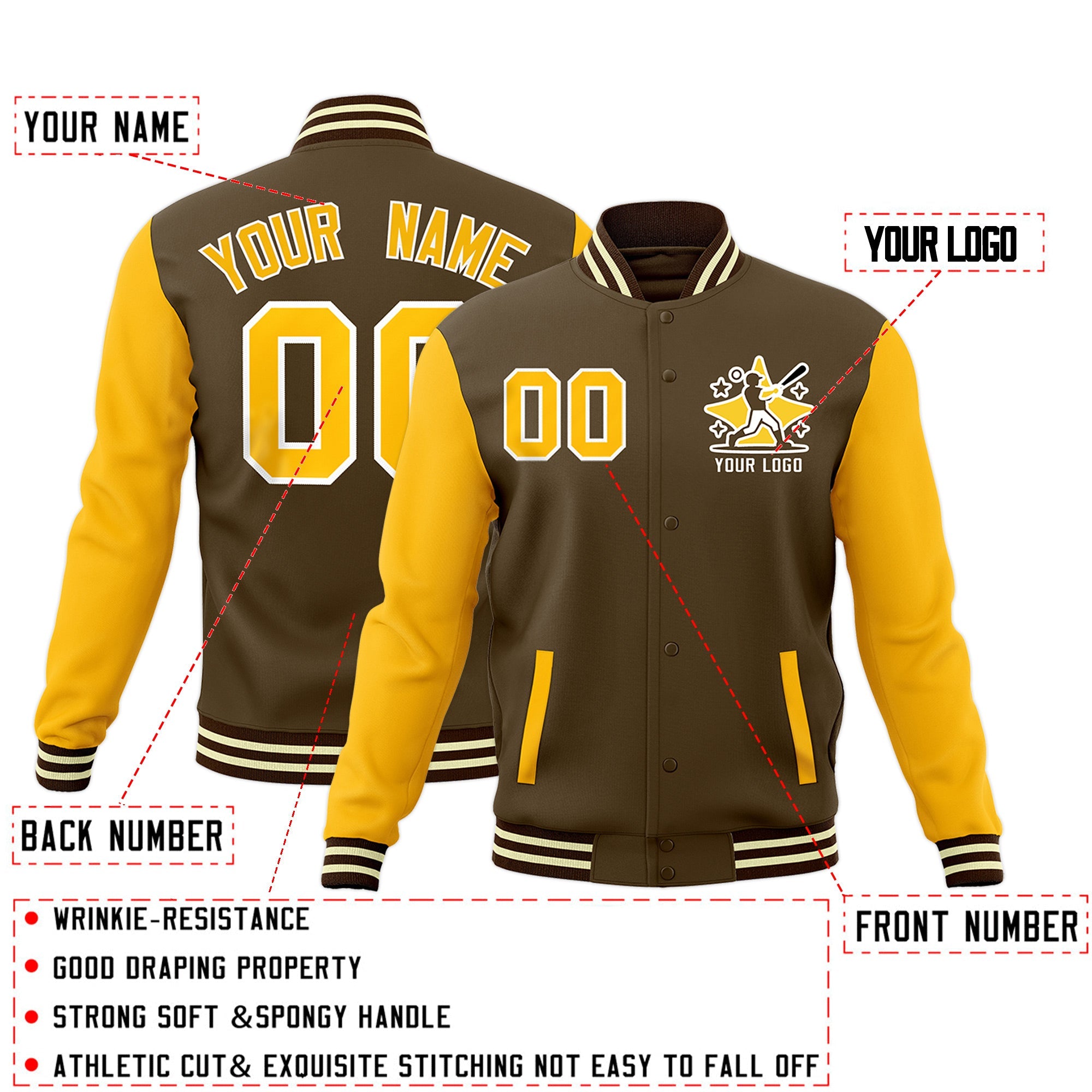 Custom Yellow Light Brown Cream Raglan Sleeves Full-Snap Letterman Jacket| KXKSHOP