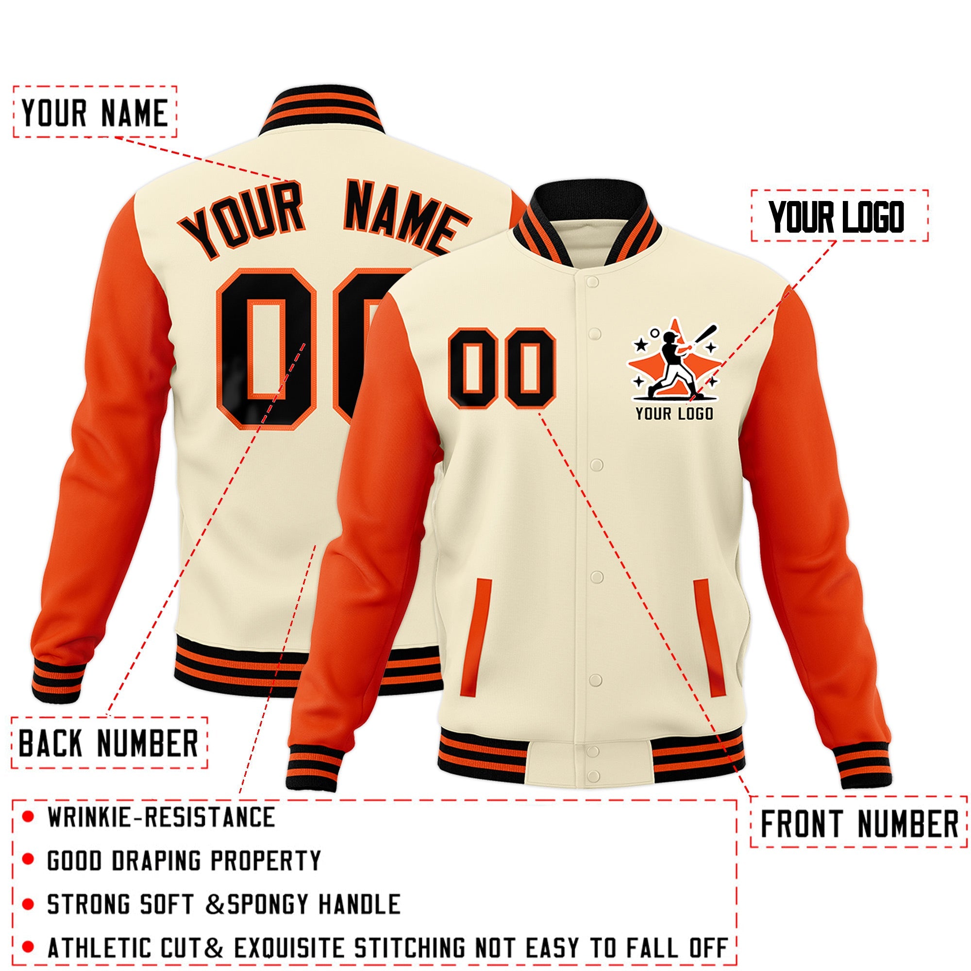 Custom Cream Orange Black Raglan Sleeves Full-Snap Letterman Jacket| KXKSHOP