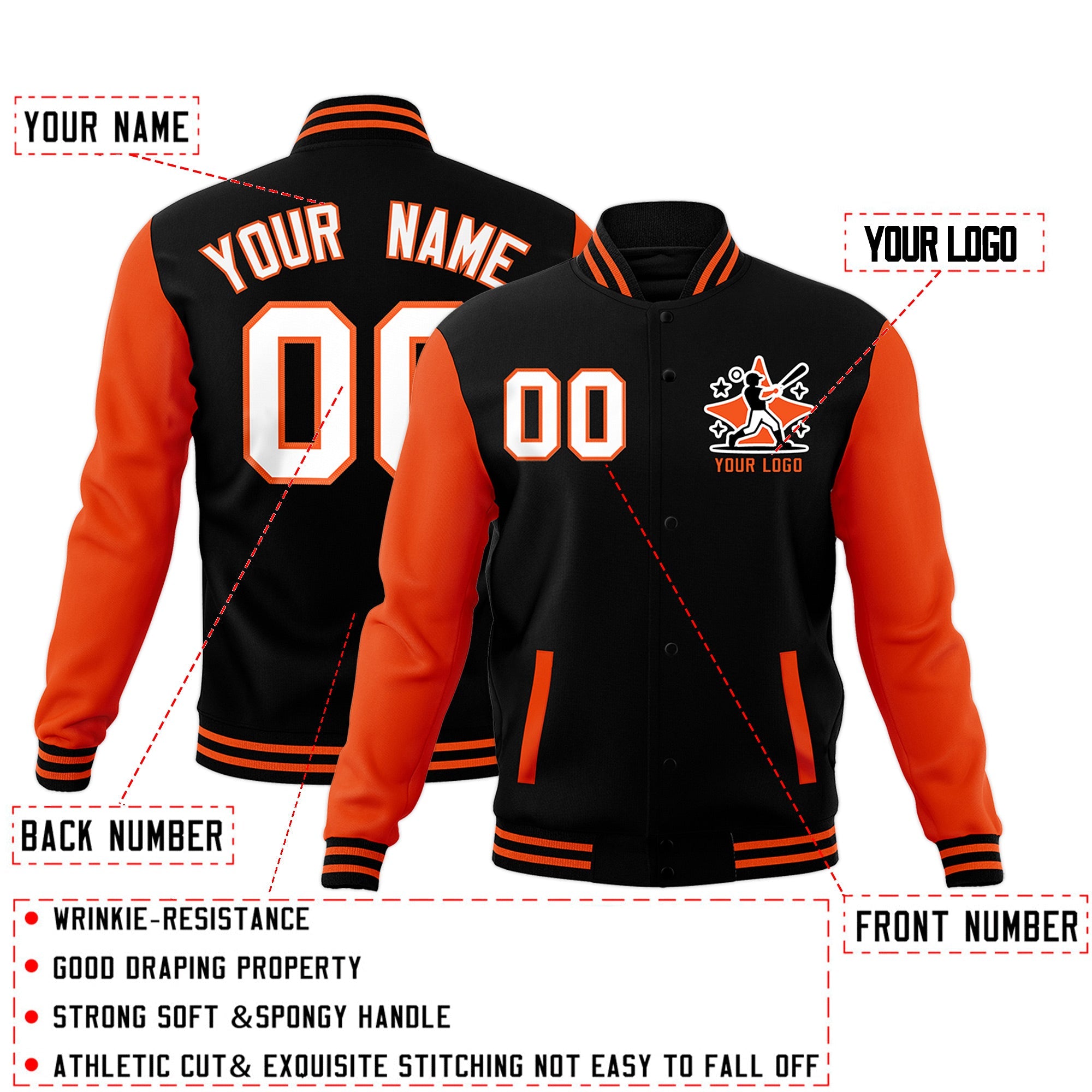 Custom Black Orange Raglan Sleeves Full-Snap Letterman Jacket| KXKSHOP