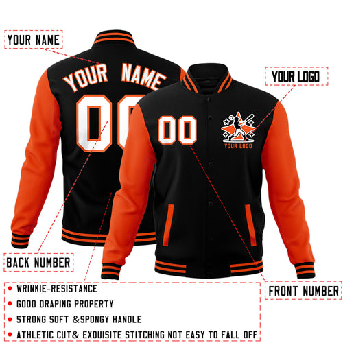 Custom Black Orange Raglan Sleeves Full-Snap Letterman Jacket| KXKSHOP