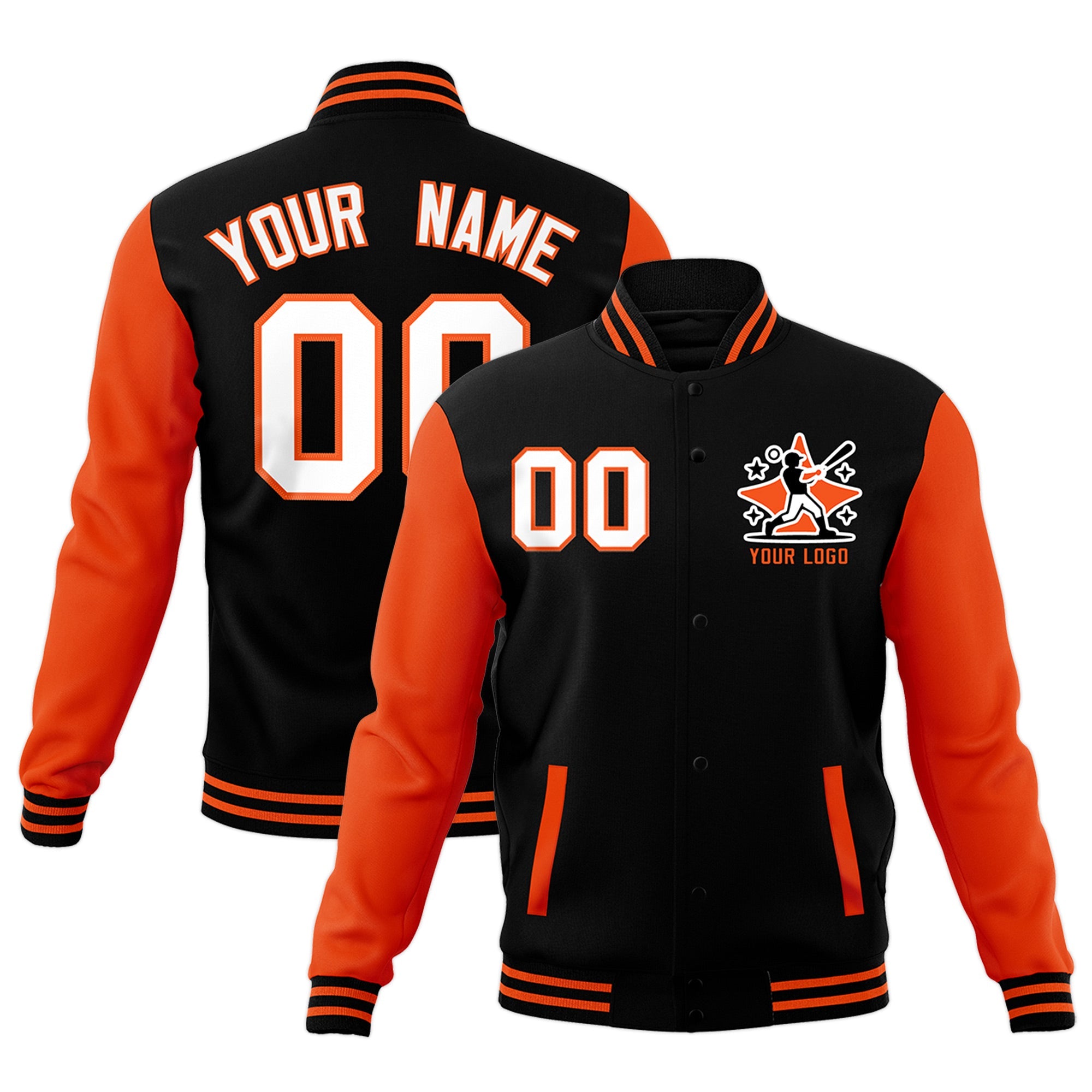 Custom Black Orange Raglan Sleeves Full-Snap Letterman Jacket| KXKSHOP