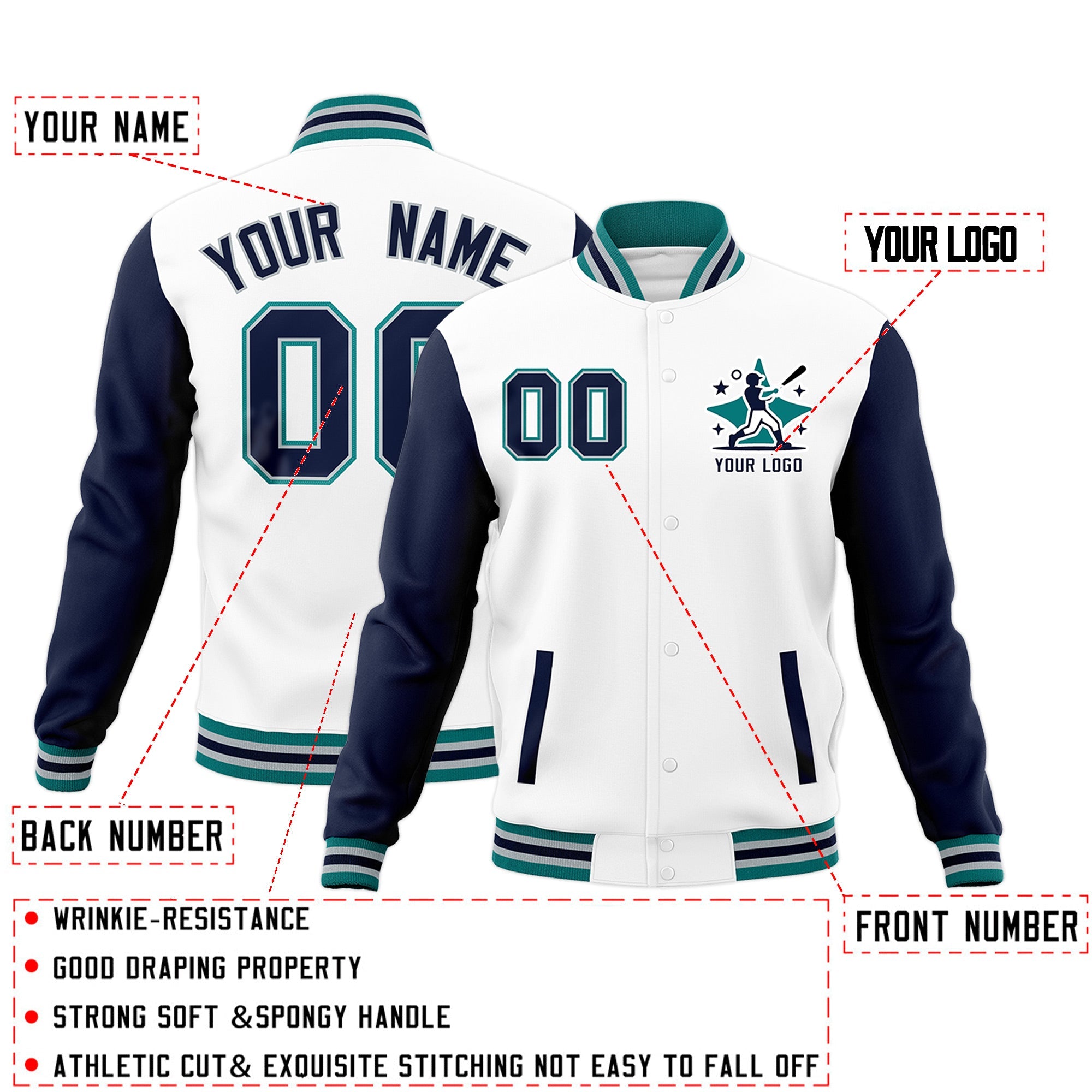 Custom White Navy Teal Raglan Sleeves Full-Snap Letterman Jacket| KXKSHOP