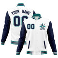Custom White Navy Teal Raglan Sleeves Full-Snap Letterman Jacket| KXKSHOP