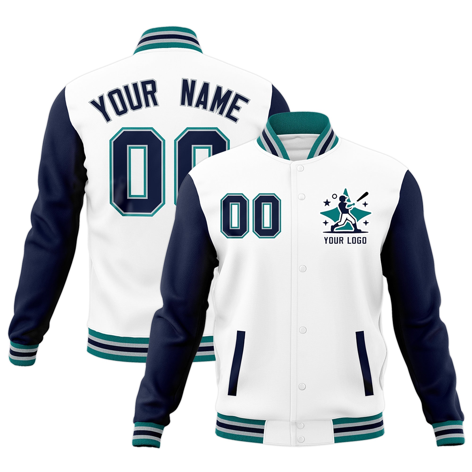 Custom White Navy Teal Raglan Sleeves Full-Snap Letterman Jacket| KXKSHOP