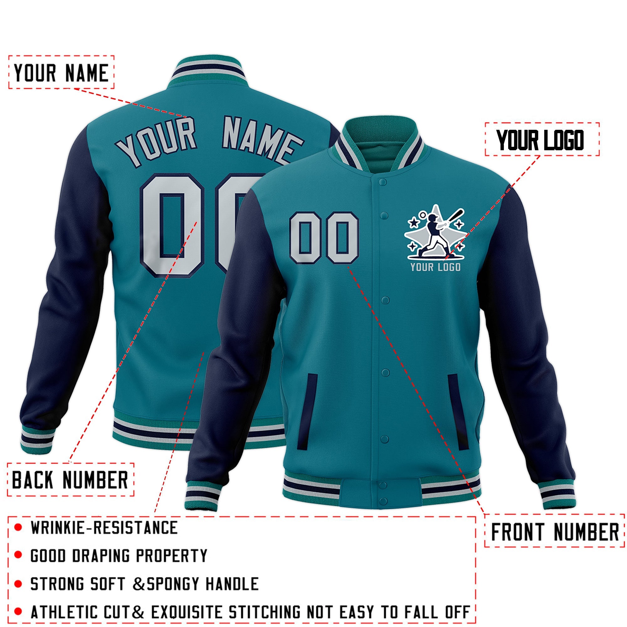 Custom Teal Navy Gray Raglan Sleeves Full-Snap Letterman Jacket| KXKSHOP