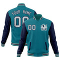 Custom Teal Navy Gray Raglan Sleeves Full-Snap Letterman Jacket| KXKSHOP
