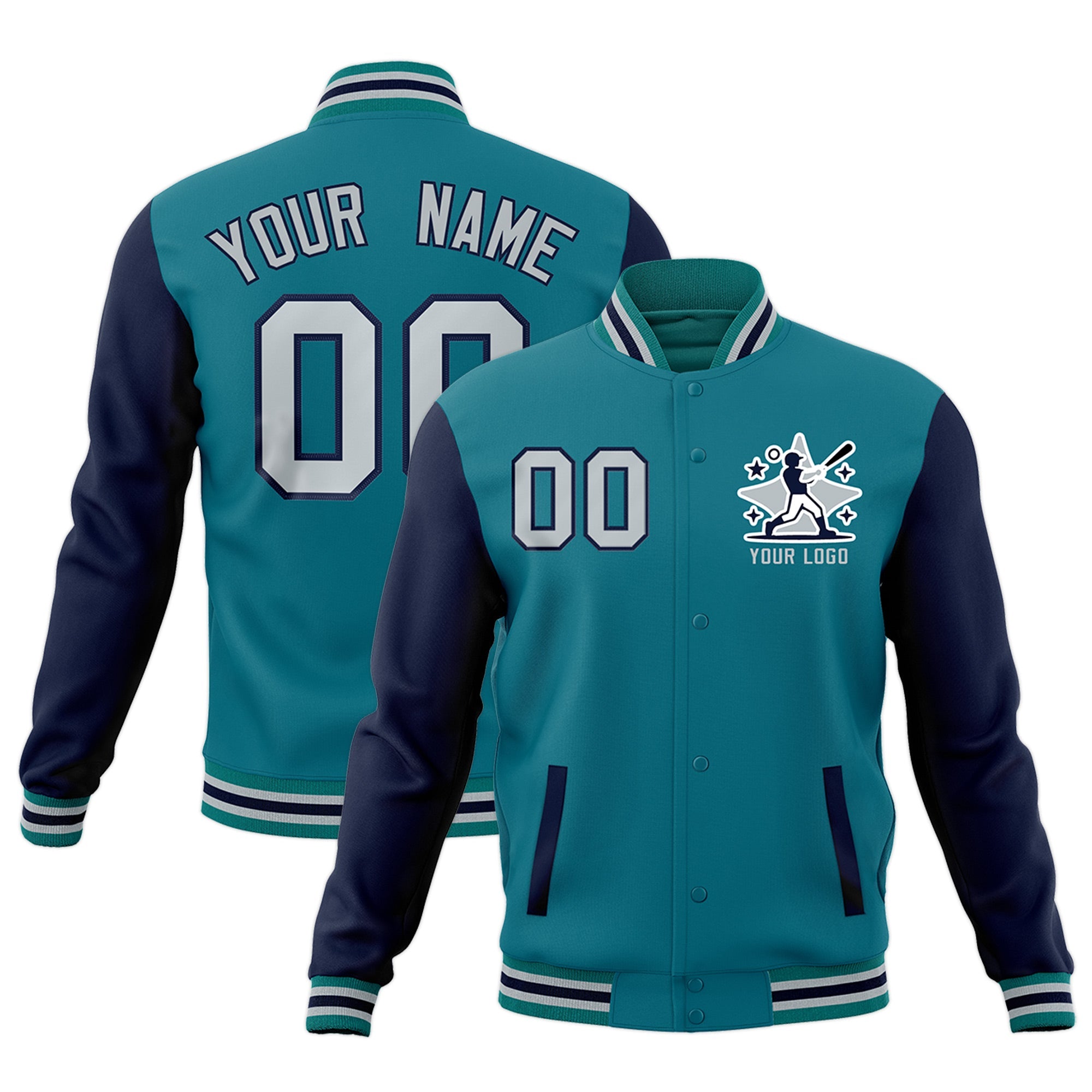 Custom Teal Navy Gray Raglan Sleeves Full-Snap Letterman Jacket| KXKSHOP